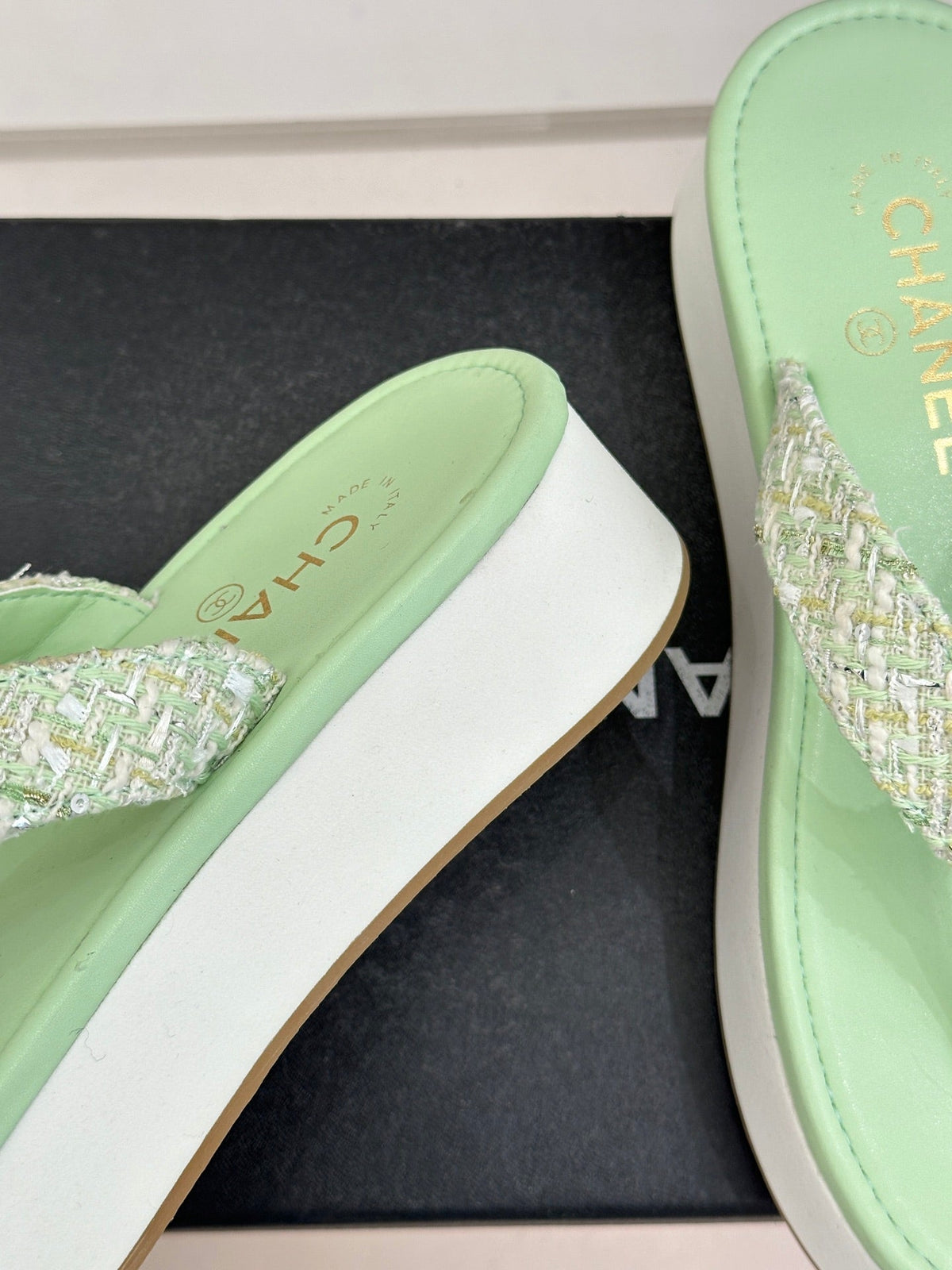 CC Crystal Logo Platform Thong Sandals Lime Green Tweed 887784