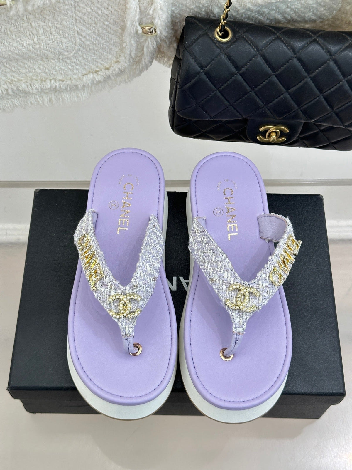 CC Crystal Logo Platform Thong Sandals Purple Tweed 887783
