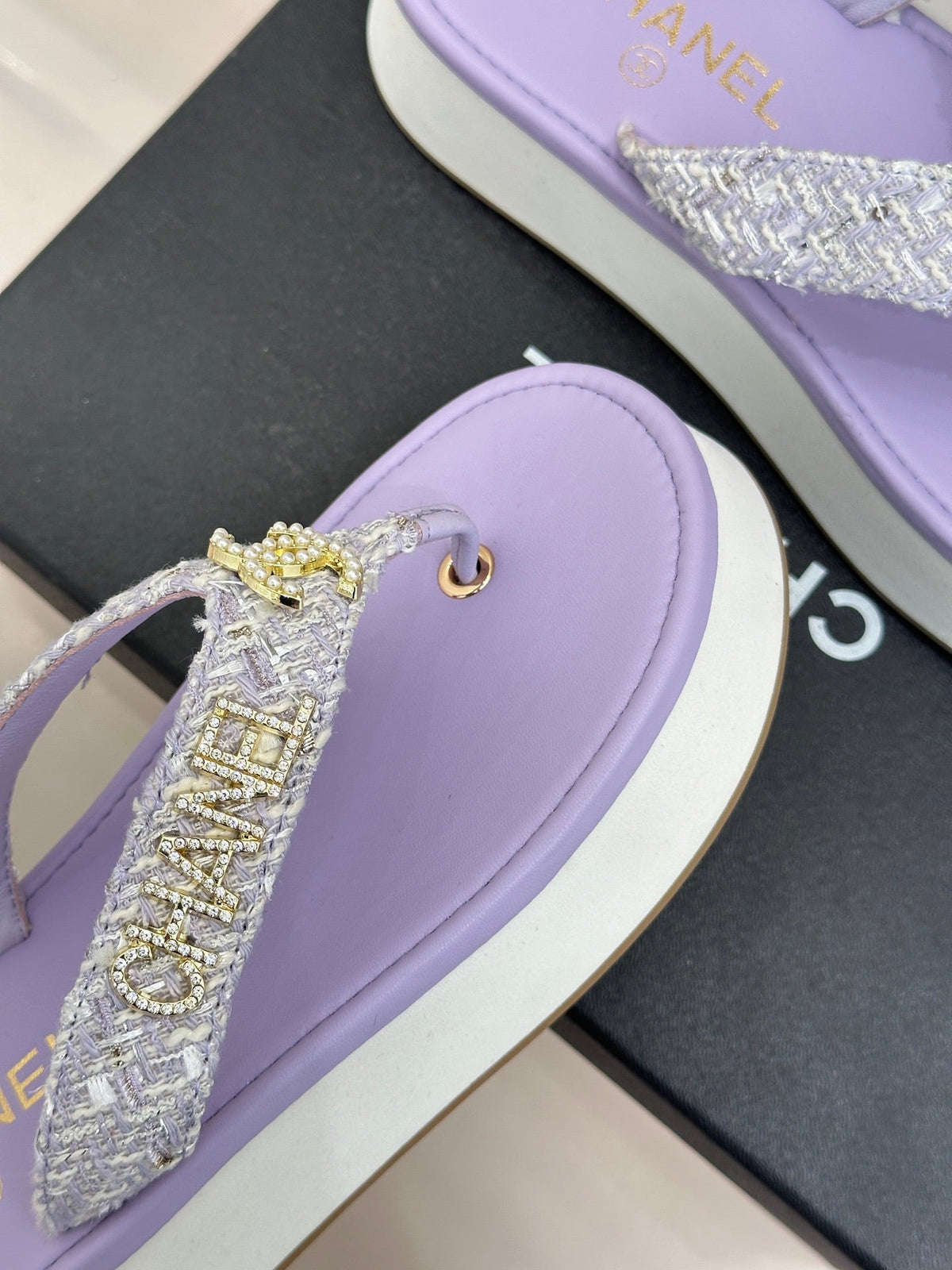 CC Crystal Logo Platform Thong Sandals Purple Tweed 887783