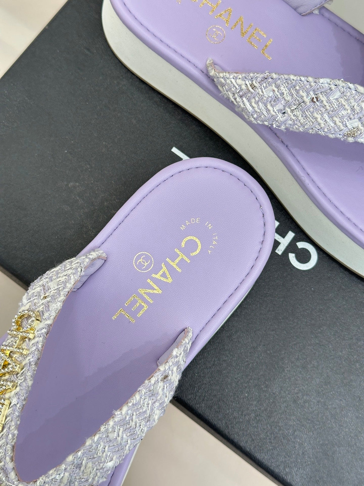 CC Crystal Logo Platform Thong Sandals Purple Tweed 887783