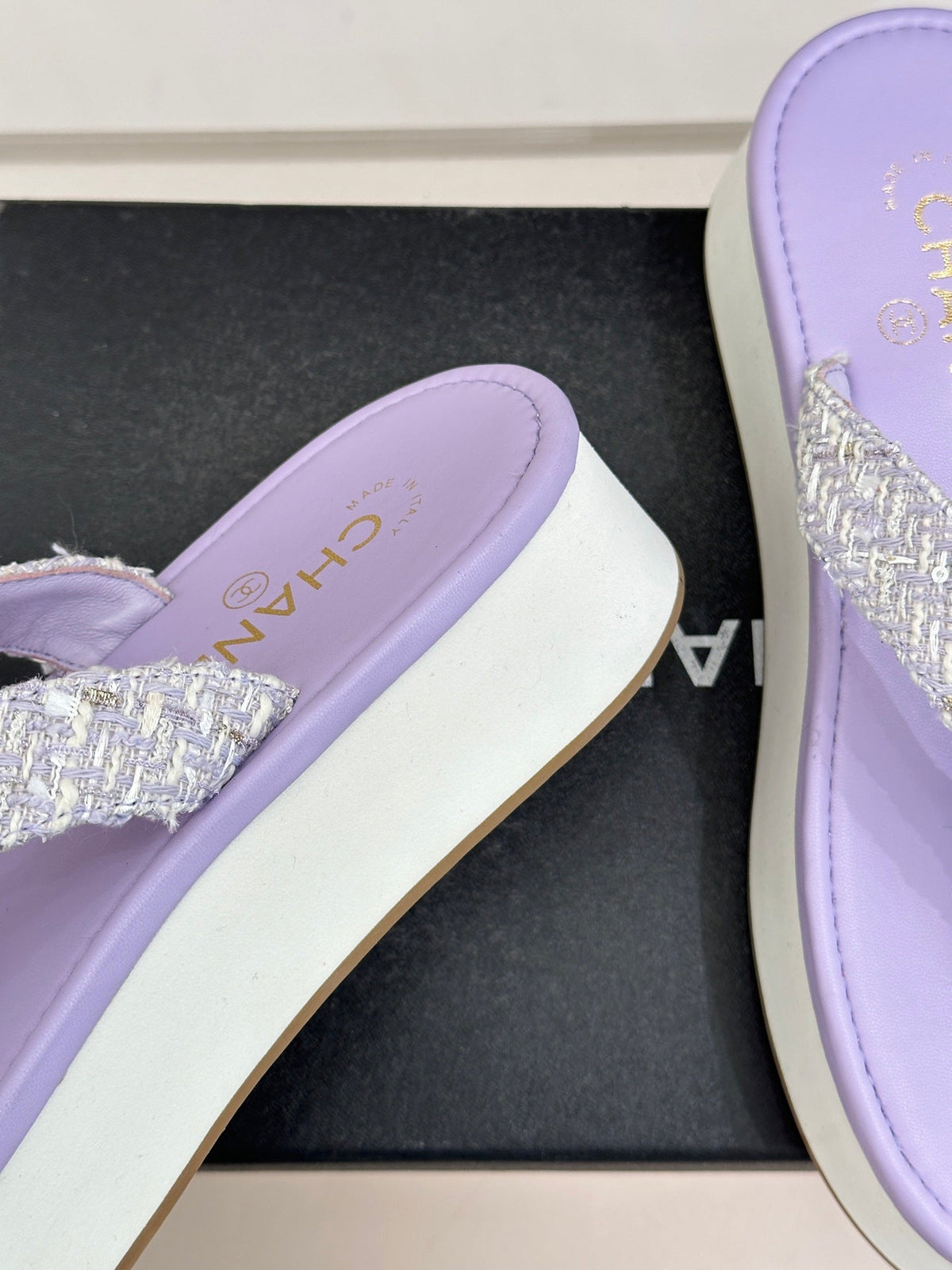 CC Crystal Logo Platform Thong Sandals Purple Tweed 887783