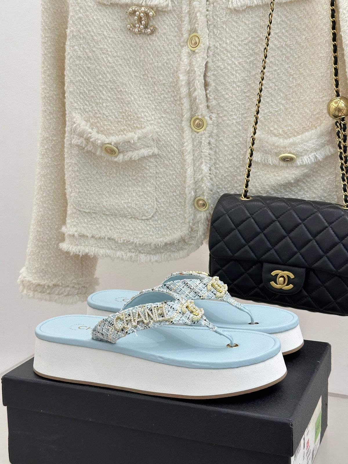 CC Crystal Logo Platform Thong Sandals Blue Tweed 887782