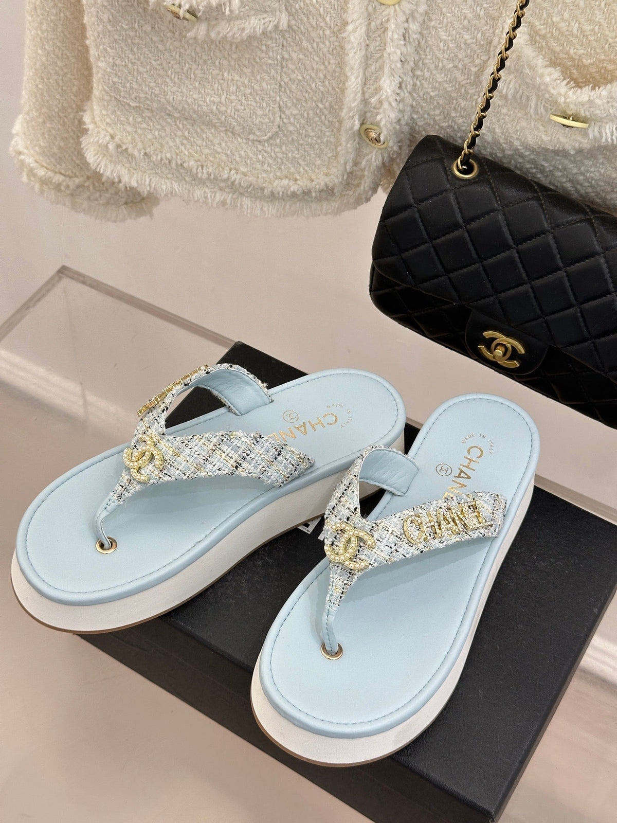CC Crystal Logo Platform Thong Sandals Blue Tweed 887782