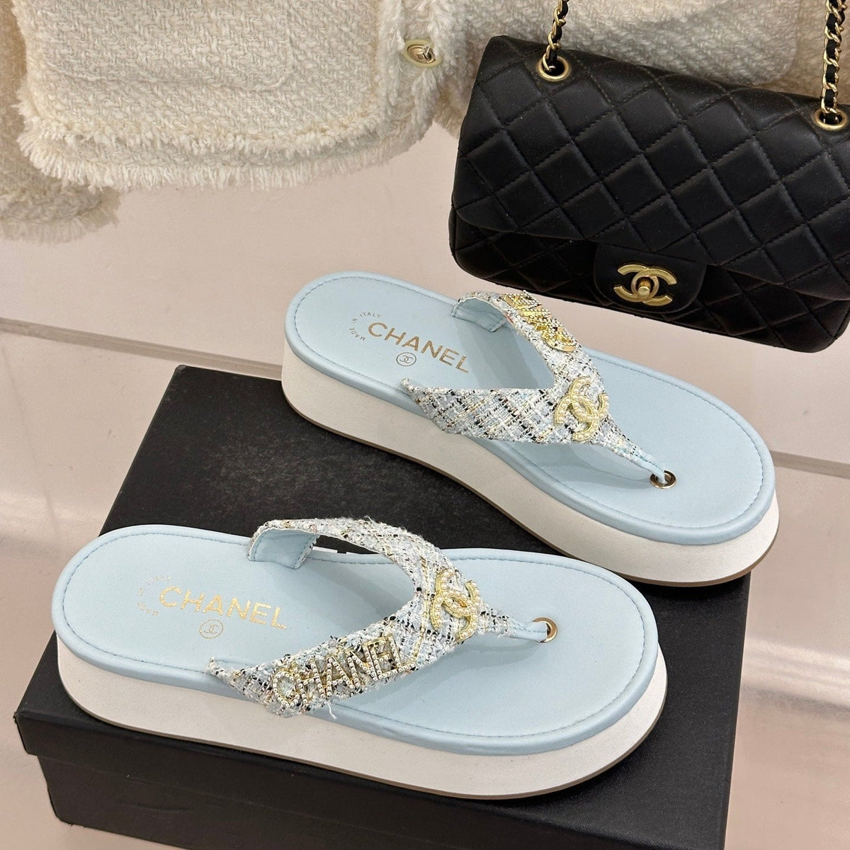 CC Crystal Logo Platform Thong Sandals Blue Tweed 887782