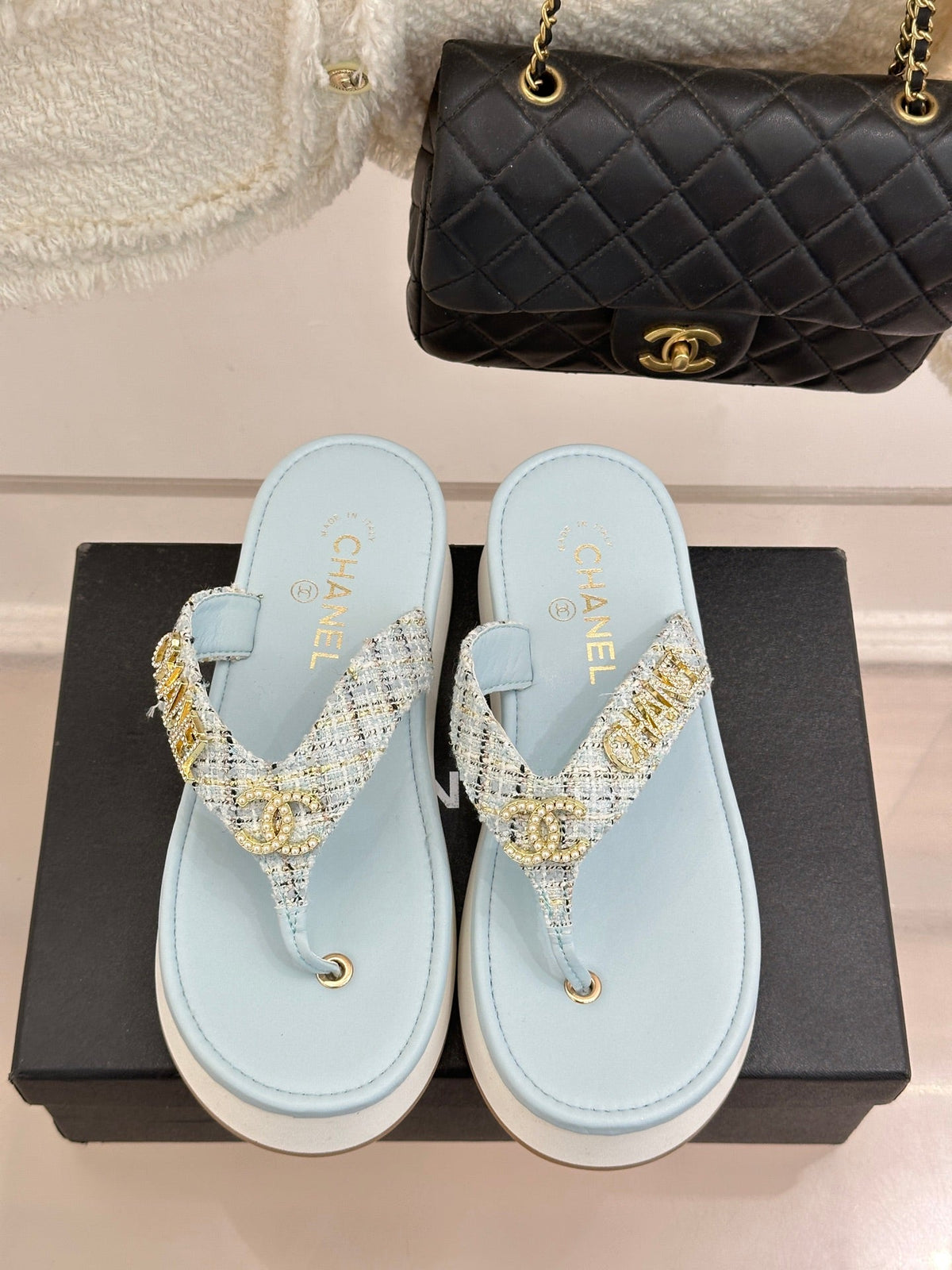 CC Crystal Logo Platform Thong Sandals Blue Tweed 887782