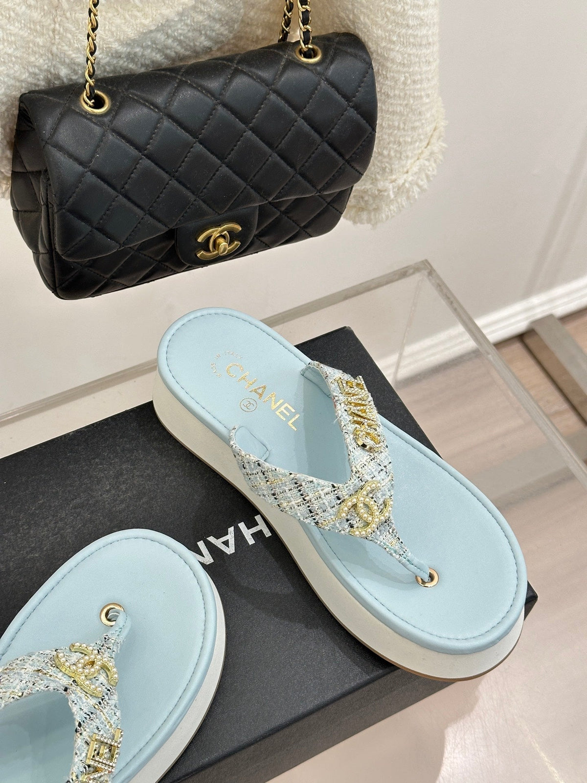 CC Crystal Logo Platform Thong Sandals Blue Tweed 887782