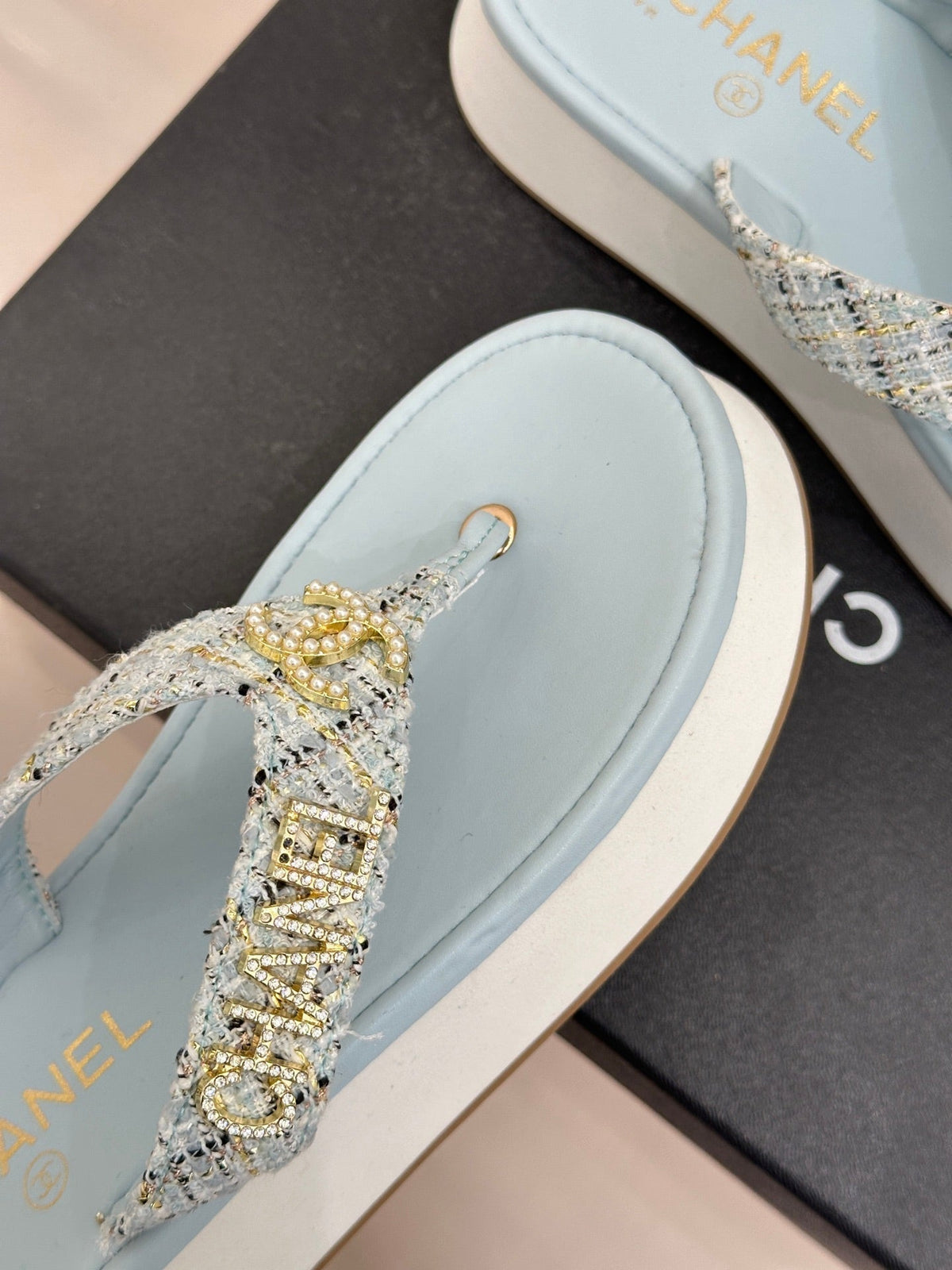 CC Crystal Logo Platform Thong Sandals Blue Tweed 887782