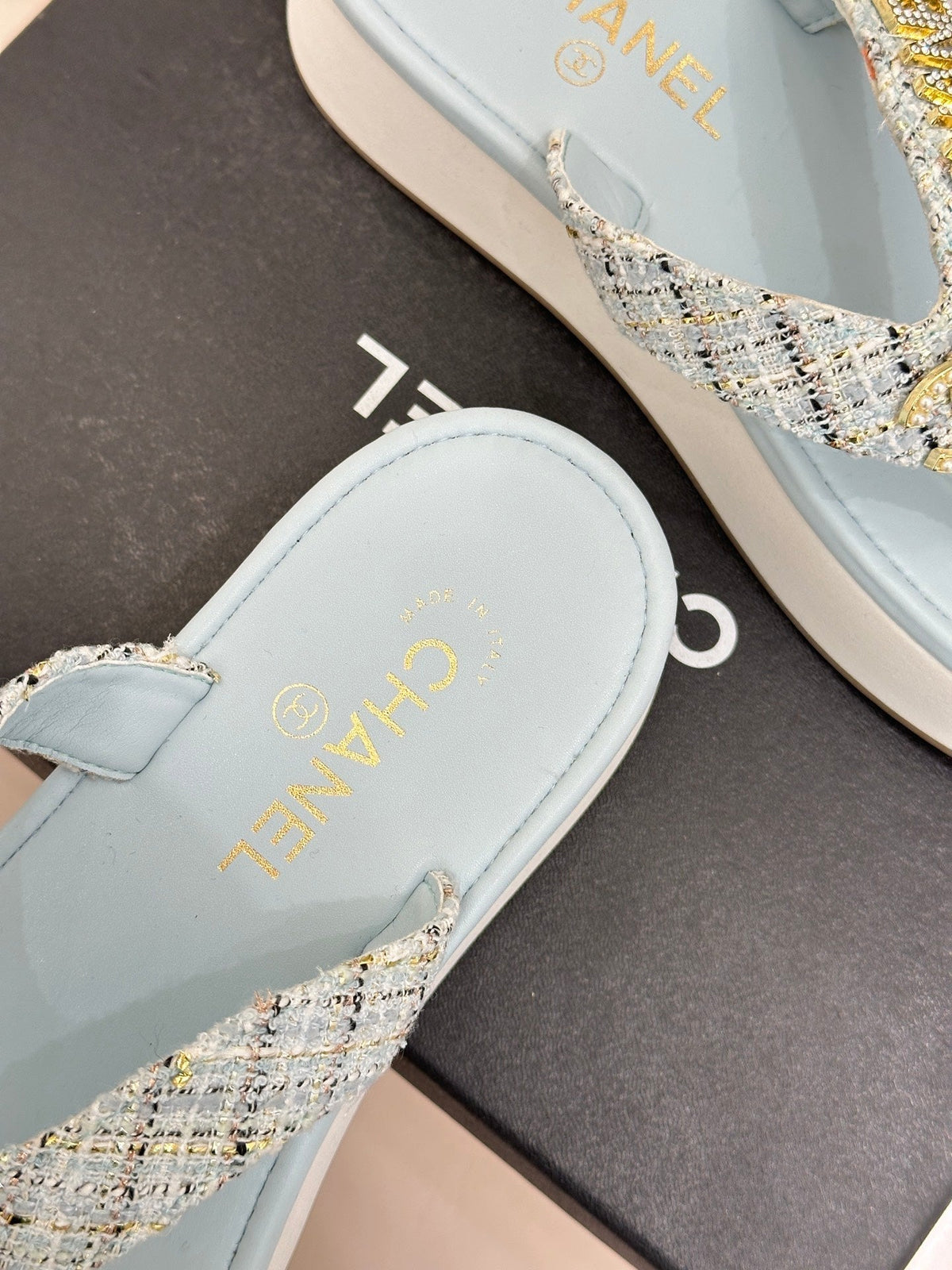 CC Crystal Logo Platform Thong Sandals Blue Tweed 887782