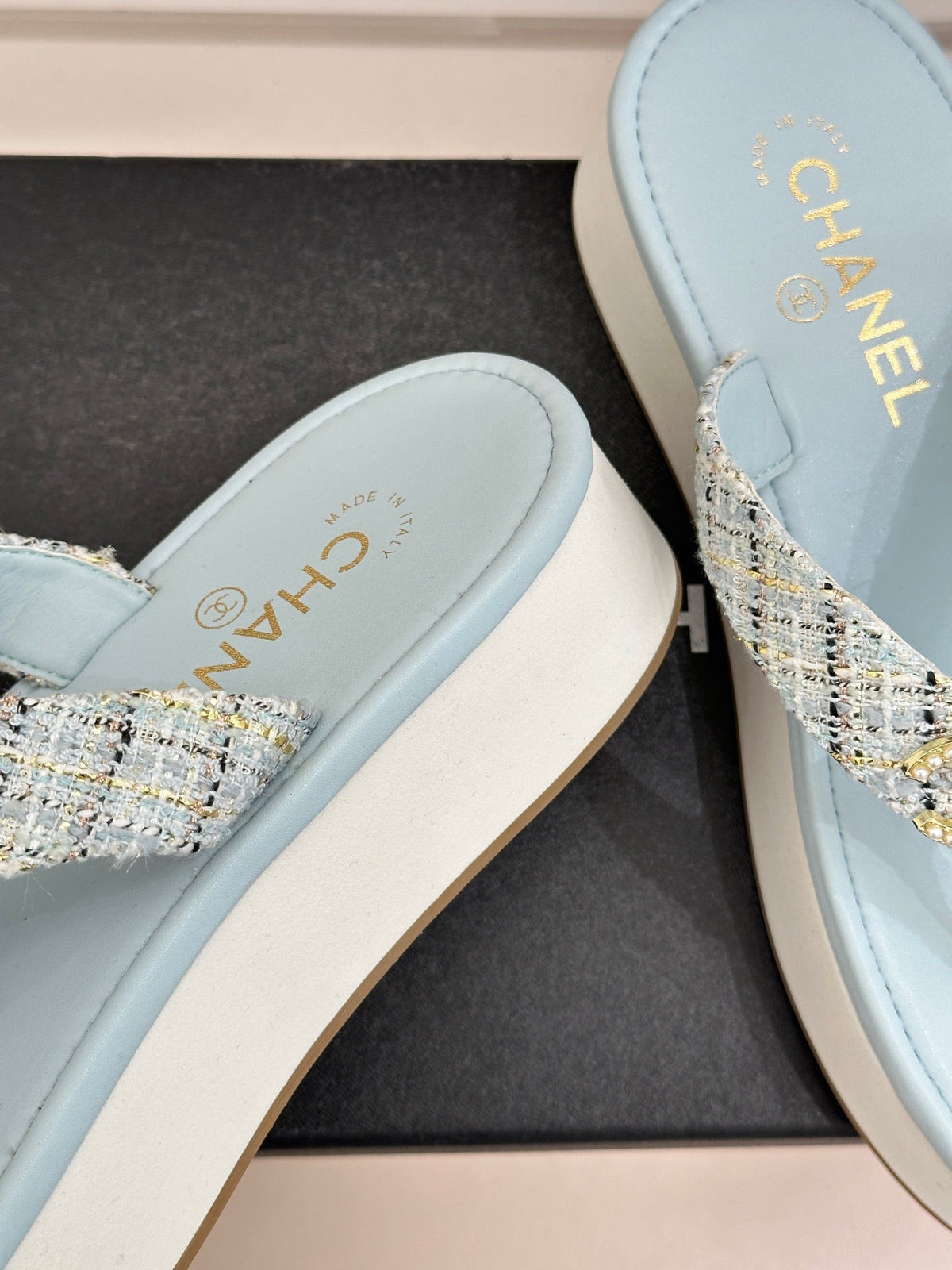 CC Crystal Logo Platform Thong Sandals Blue Tweed 887782