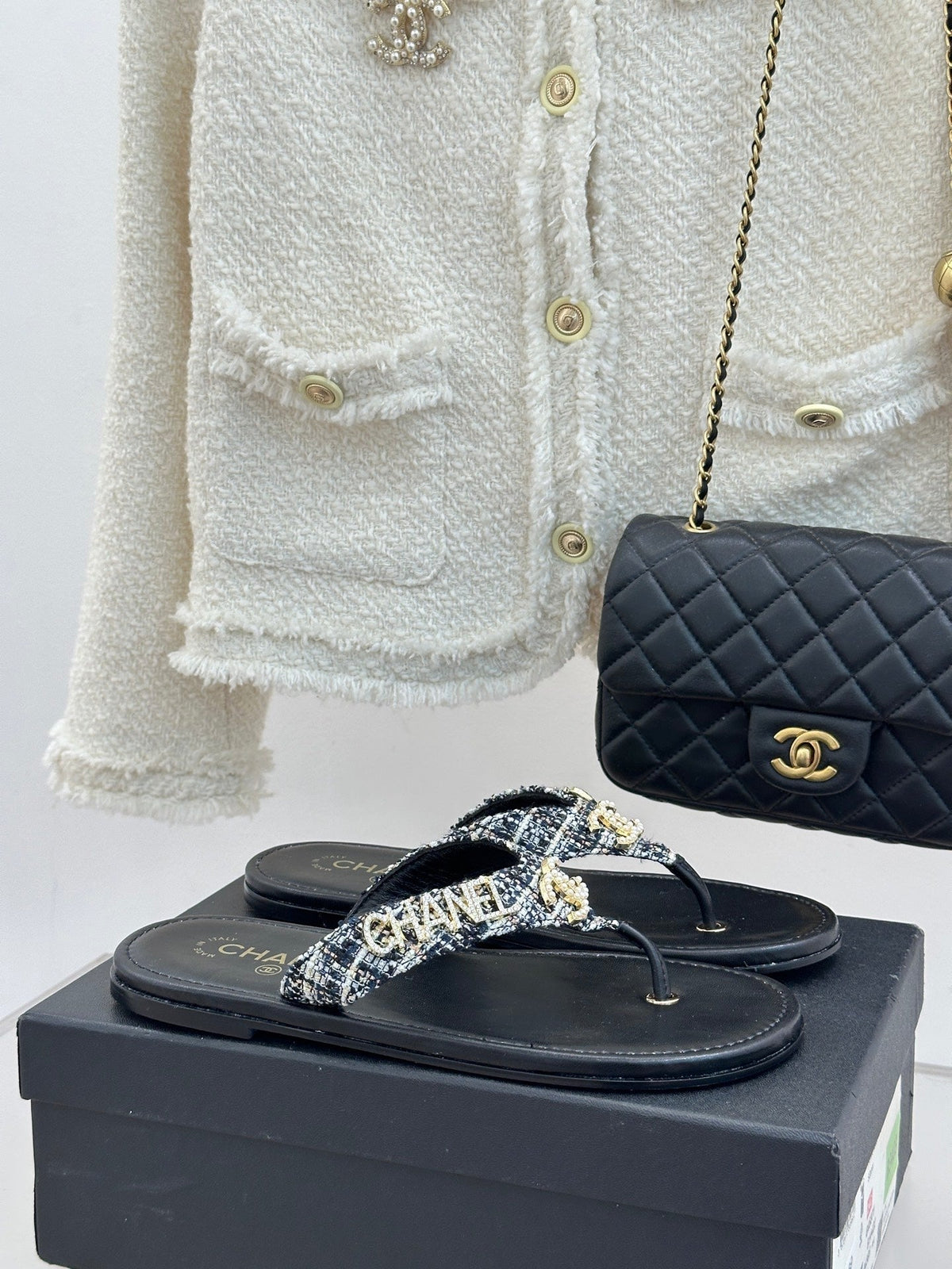 CC Crystal Logo Platform Thong Sandals Flat Black Tweed 887781