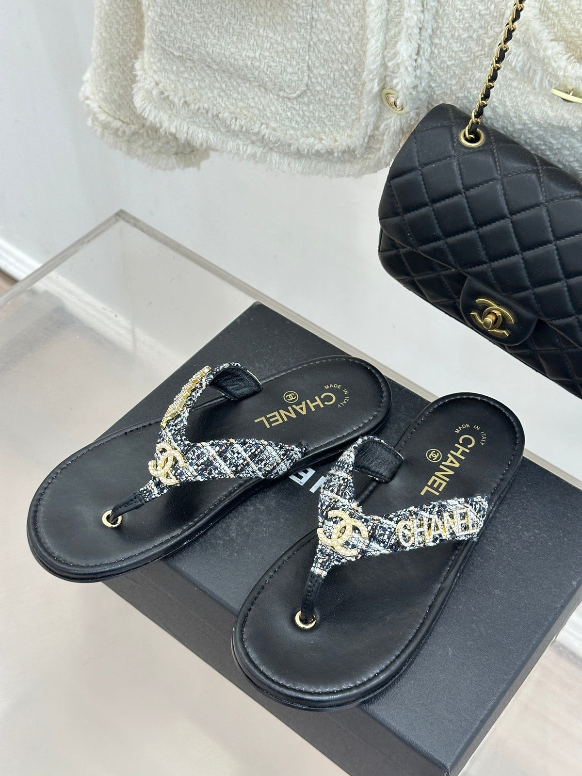 CC Crystal Logo Platform Thong Sandals Flat Black Tweed 887781