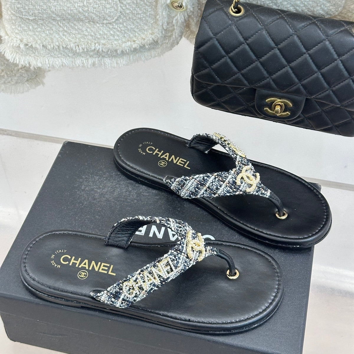 CC Crystal Logo Platform Thong Sandals Flat Black Tweed 887781