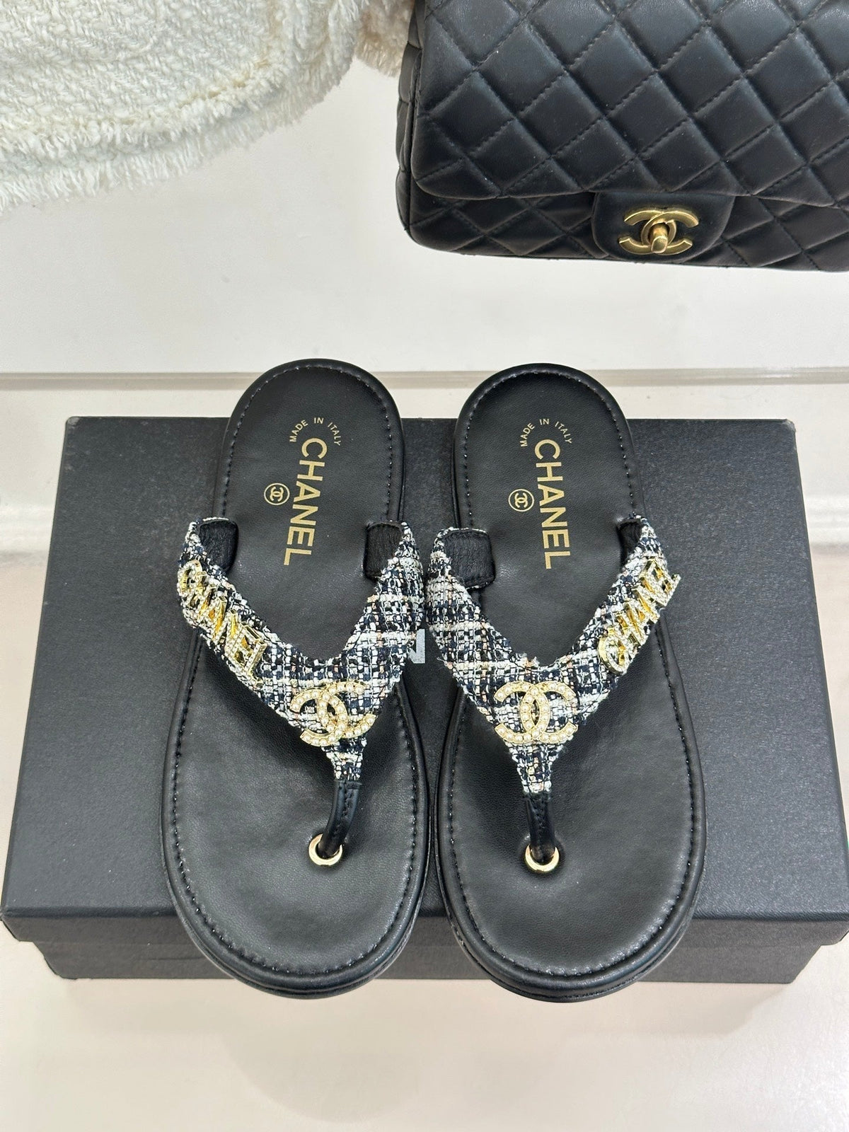 CC Crystal Logo Platform Thong Sandals Flat Black Tweed 887781