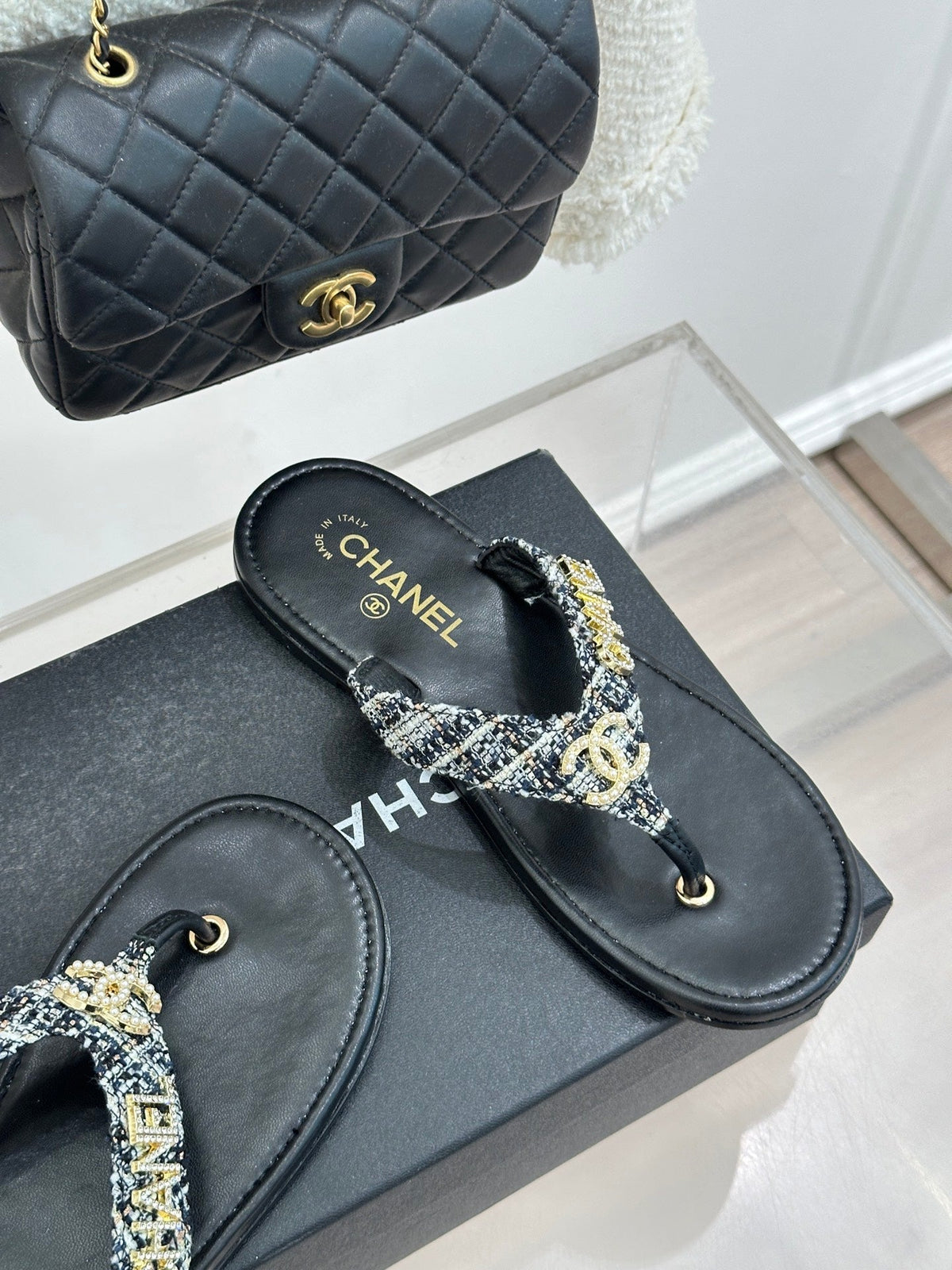 CC Crystal Logo Platform Thong Sandals Flat Black Tweed 887781