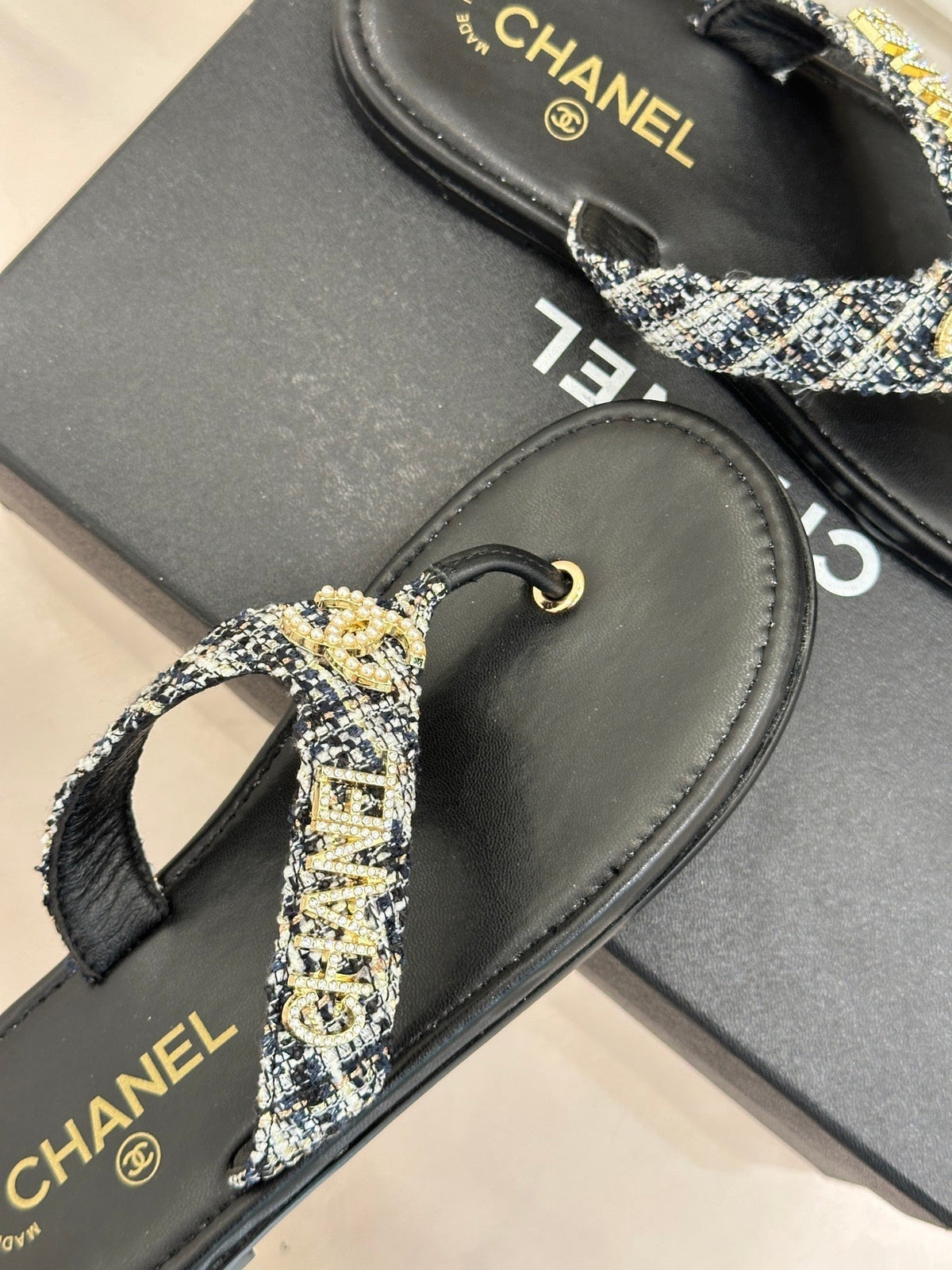 CC Crystal Logo Platform Thong Sandals Flat Black Tweed 887781