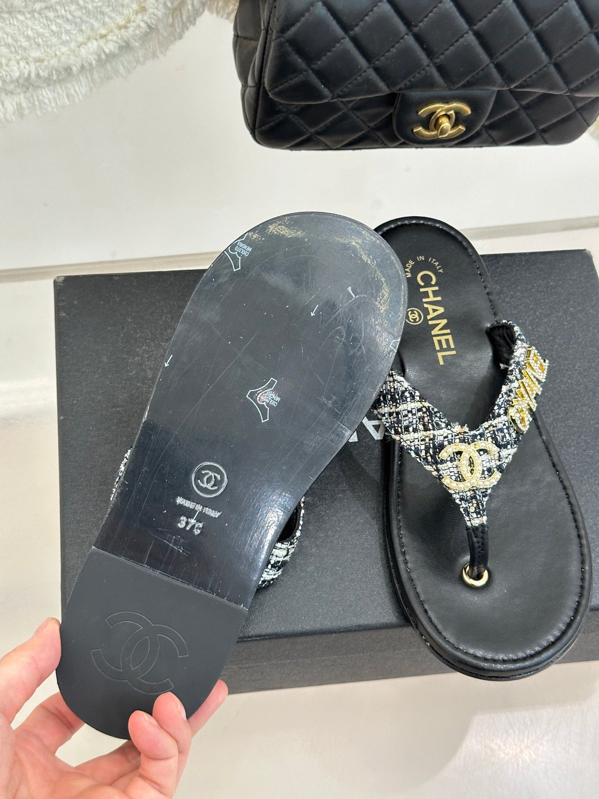 CC Crystal Logo Platform Thong Sandals Flat Black Tweed 887781