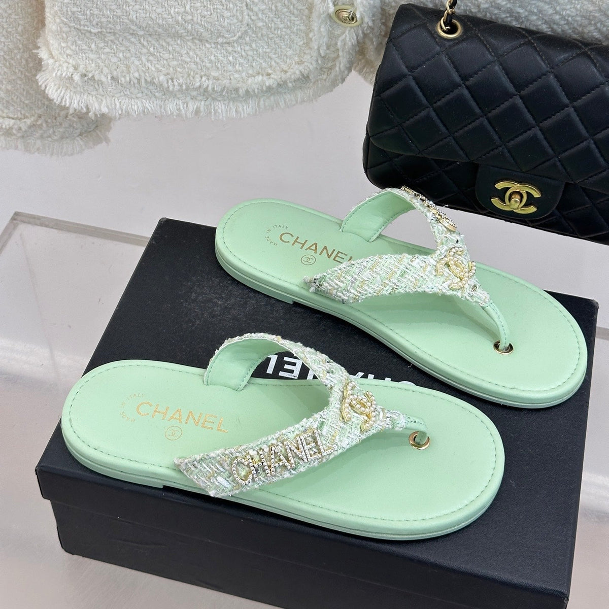 CC Crystal Logo Platform Thong Sandals Flat Lime Green Tweed 887780