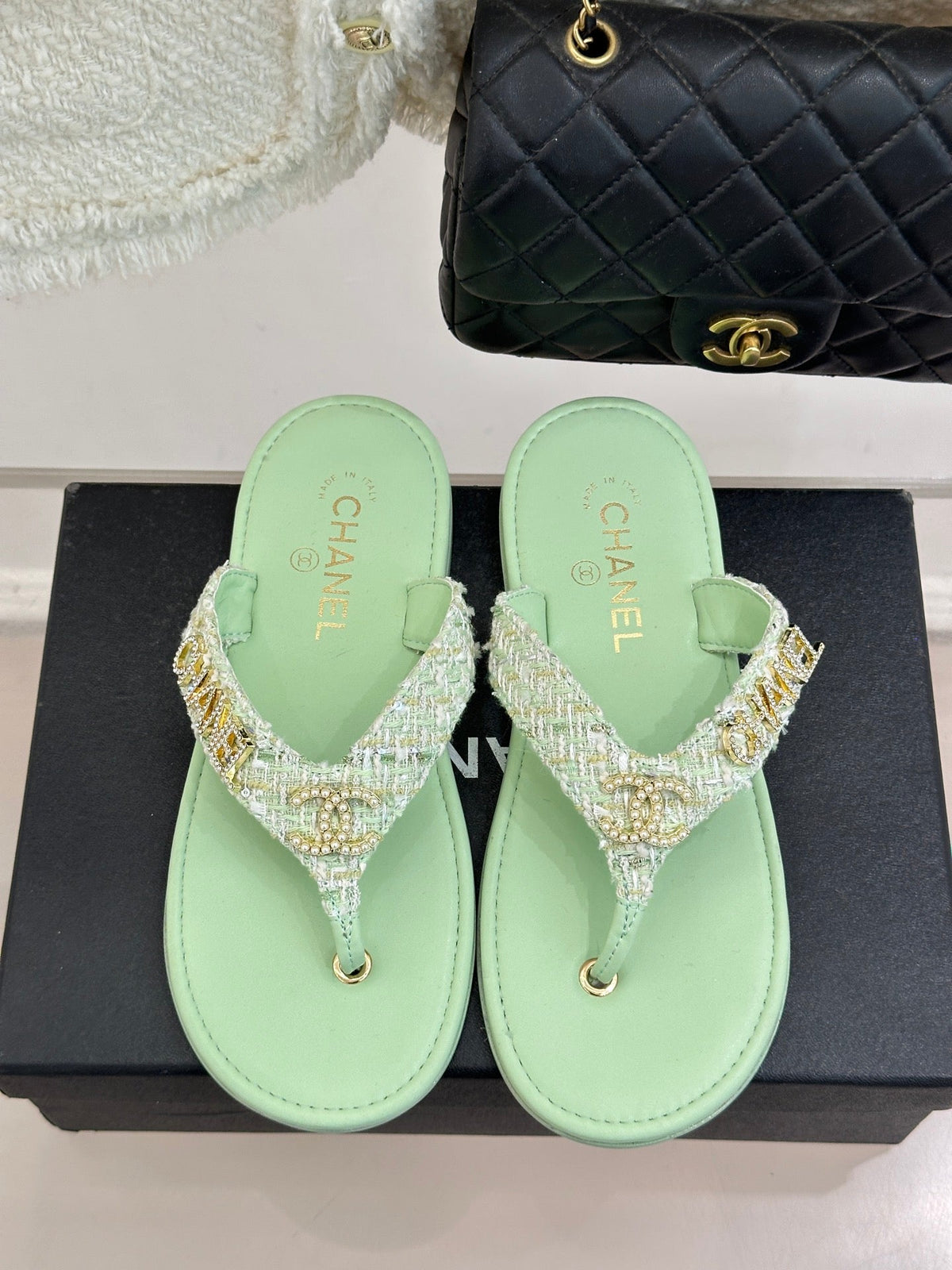 CC Crystal Logo Platform Thong Sandals Flat Lime Green Tweed 887780