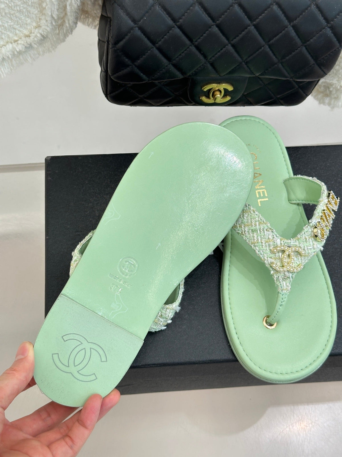 CC Crystal Logo Platform Thong Sandals Flat Lime Green Tweed 887780