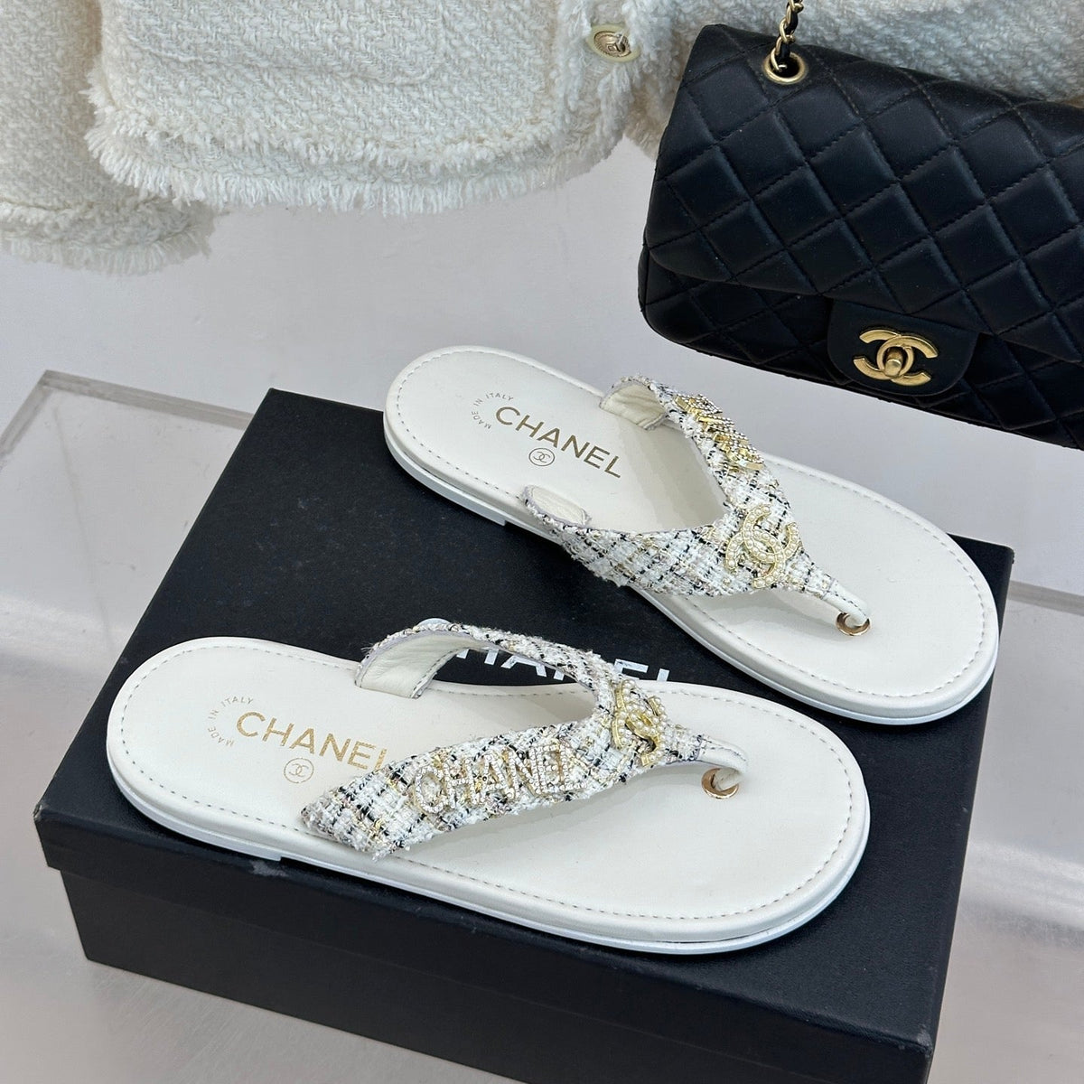 CC Crystal Logo Platform Thong Sandals Flat White Tweed 887779