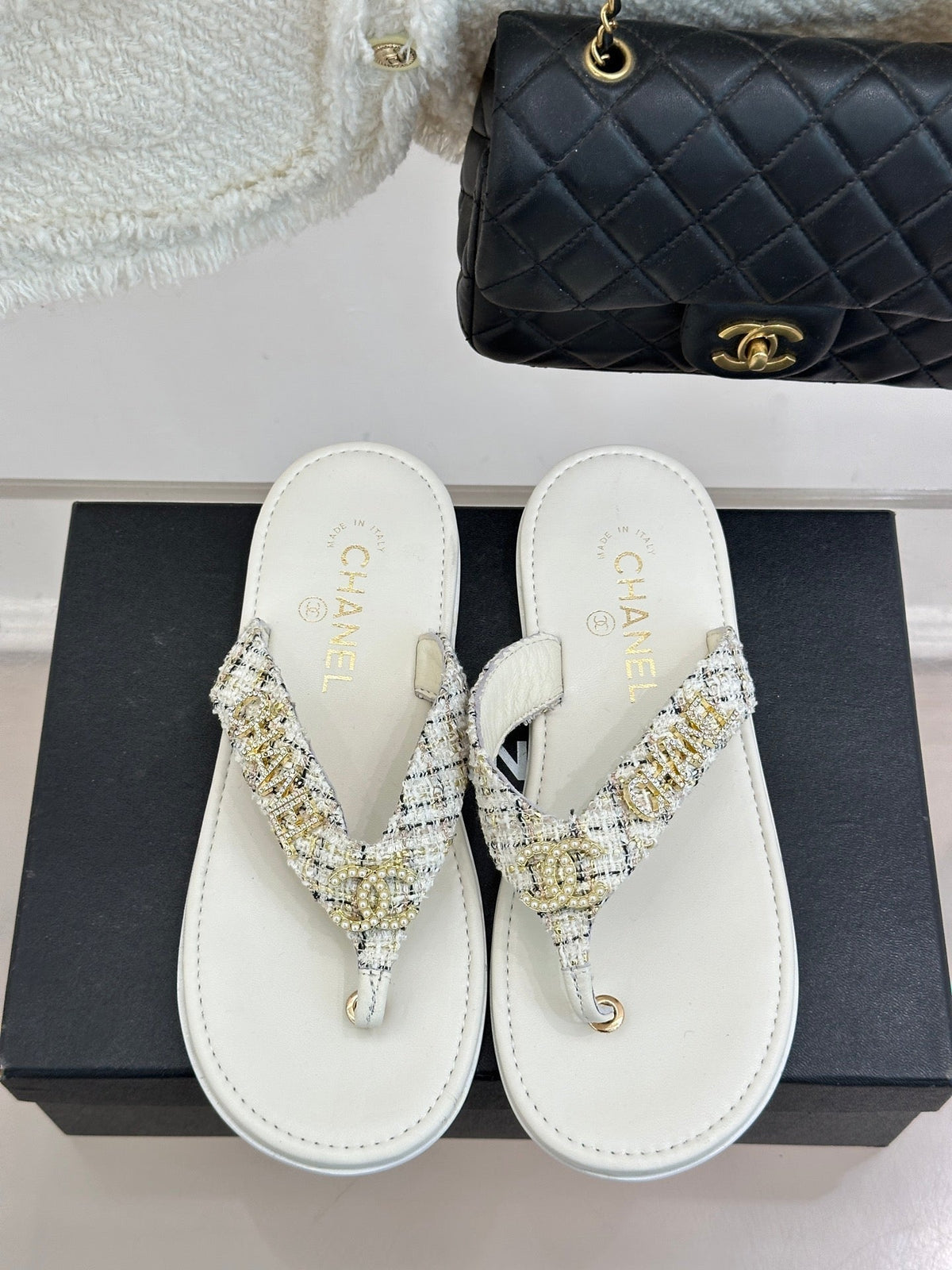 CC Crystal Logo Platform Thong Sandals Flat White Tweed 887779