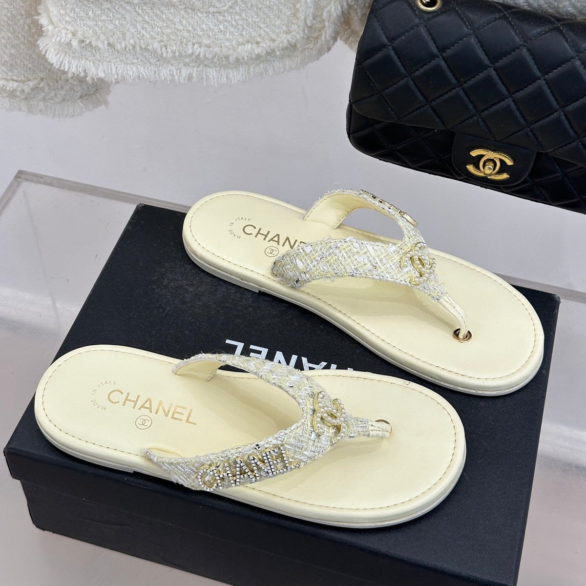 CC Crystal Logo Platform Thong Sandals Flat Light Yellow Tweed 887778