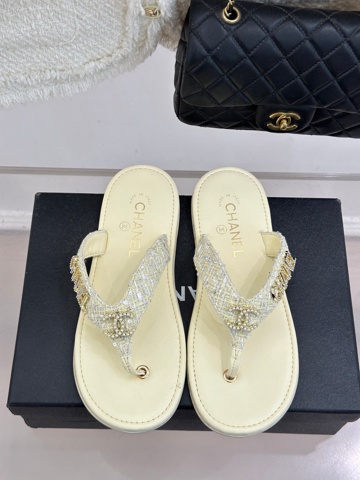 CC Crystal Logo Platform Thong Sandals Flat Light Yellow Tweed 887778