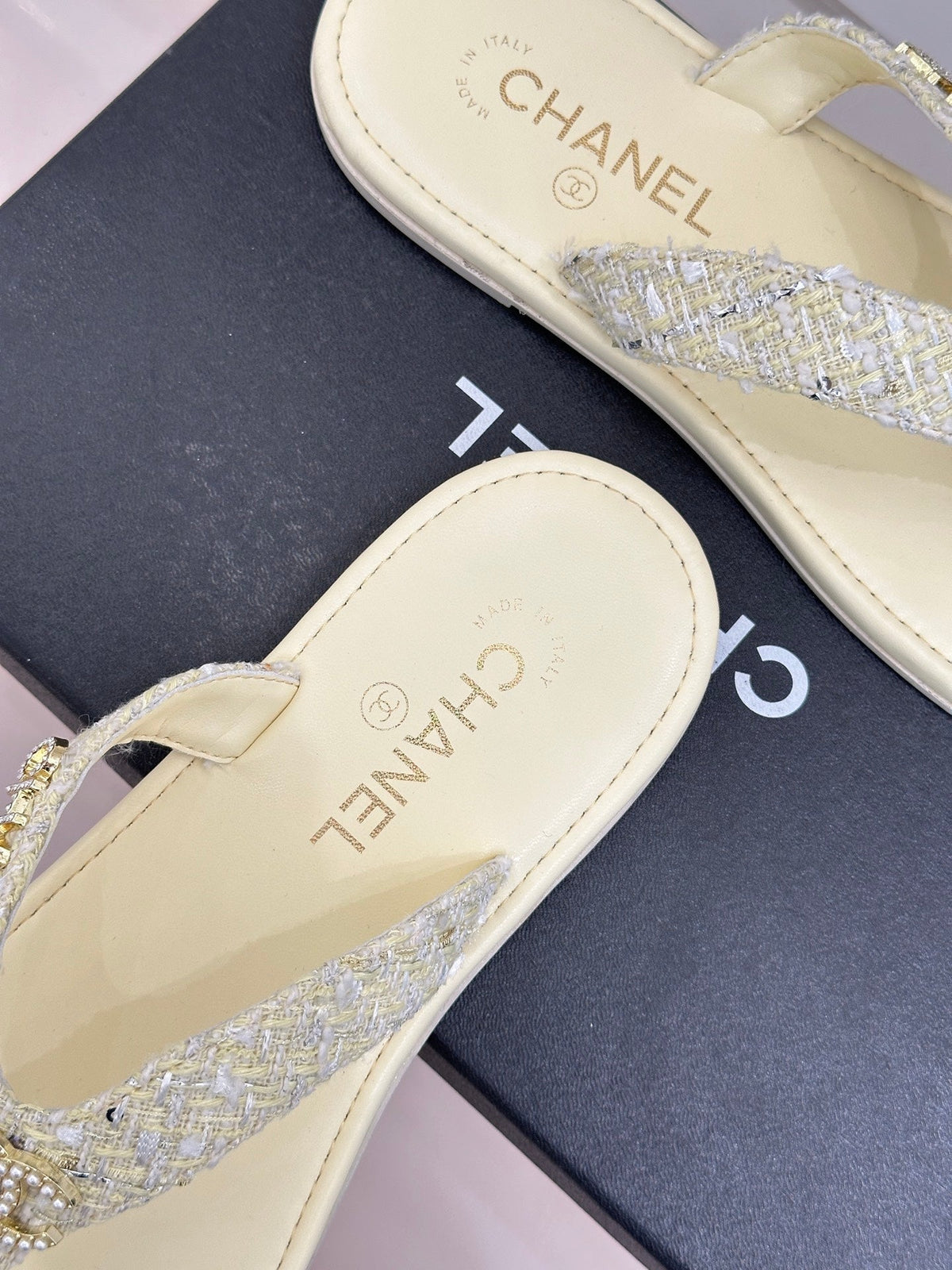 CC Crystal Logo Platform Thong Sandals Flat Light Yellow Tweed 887778