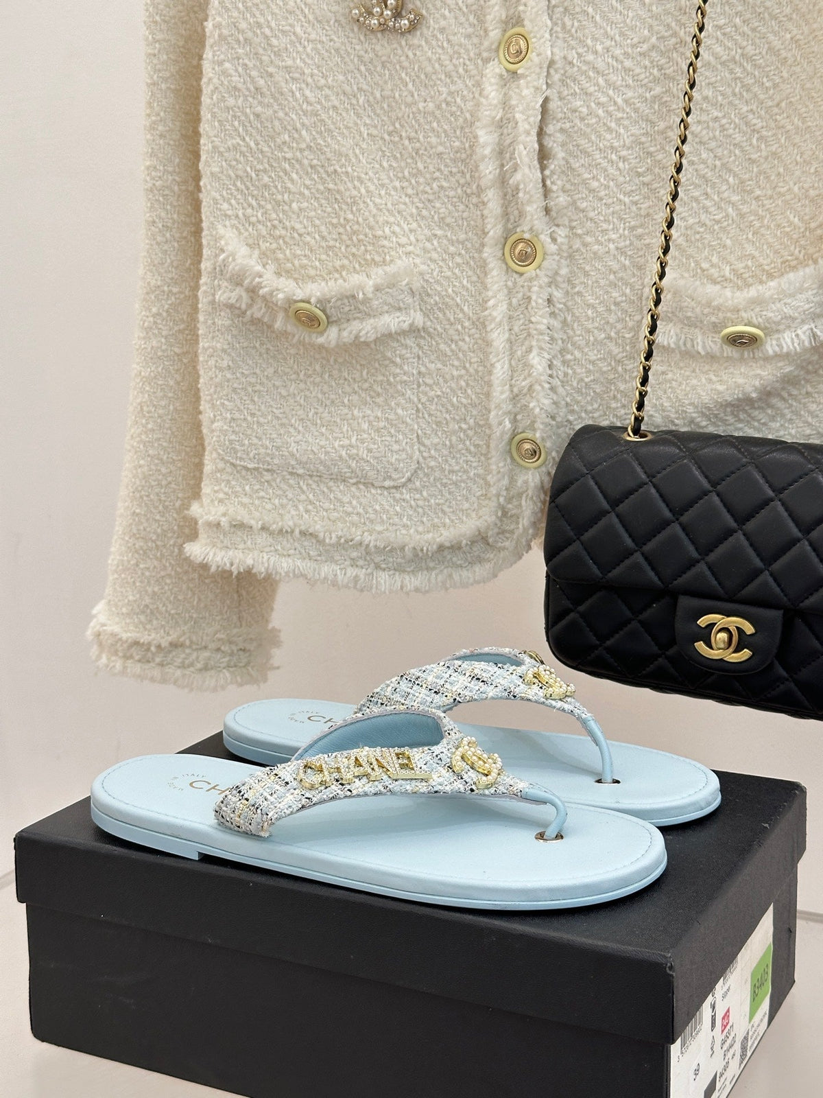 CC Crystal Logo Platform Thong Sandals Flat Blue Tweed 887777