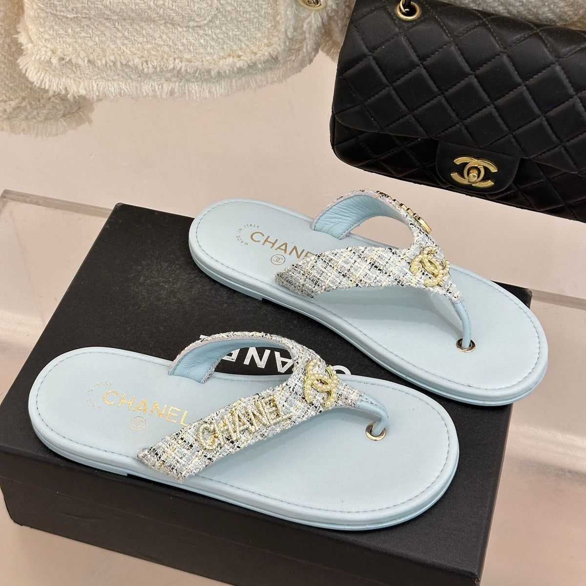 CC Crystal Logo Platform Thong Sandals Flat Blue Tweed 887777