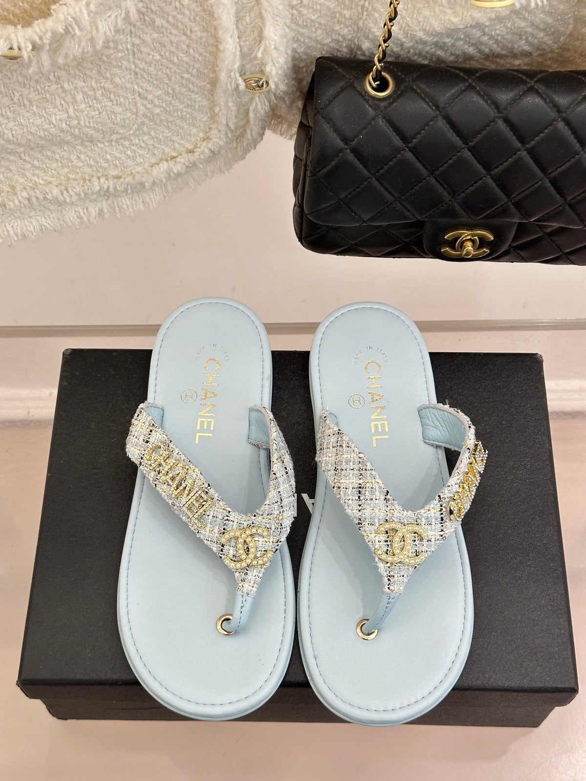 CC Crystal Logo Platform Thong Sandals Flat Blue Tweed 887777