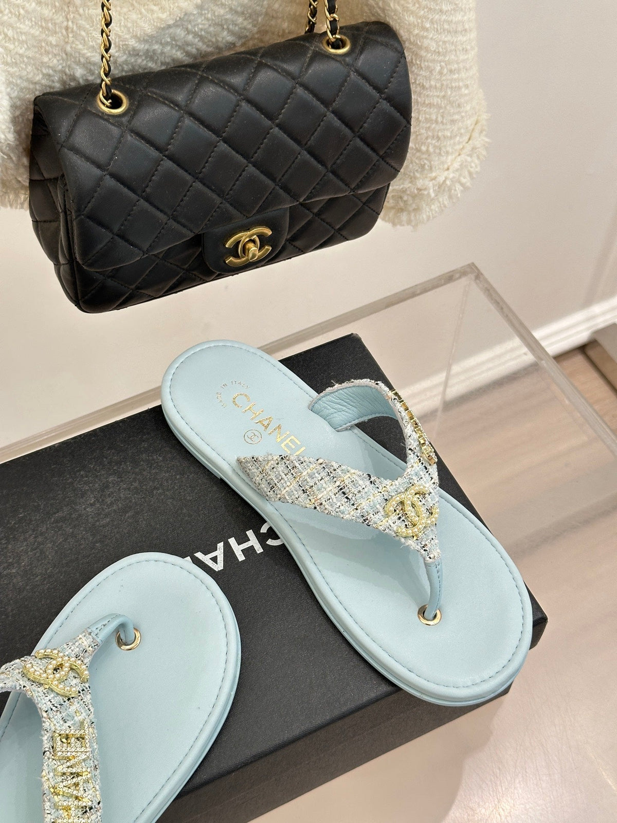 CC Crystal Logo Platform Thong Sandals Flat Blue Tweed 887777