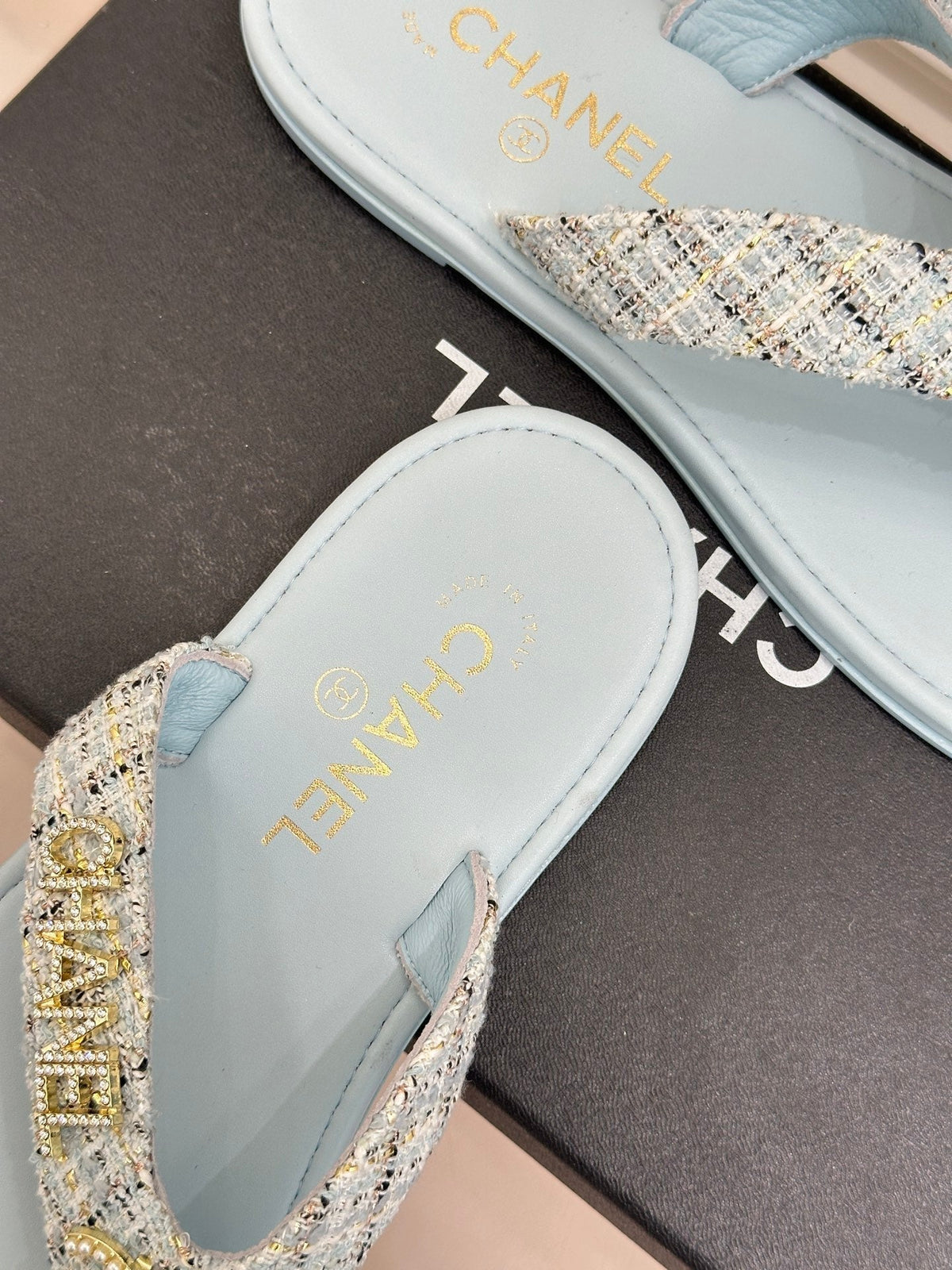 CC Crystal Logo Platform Thong Sandals Flat Blue Tweed 887777
