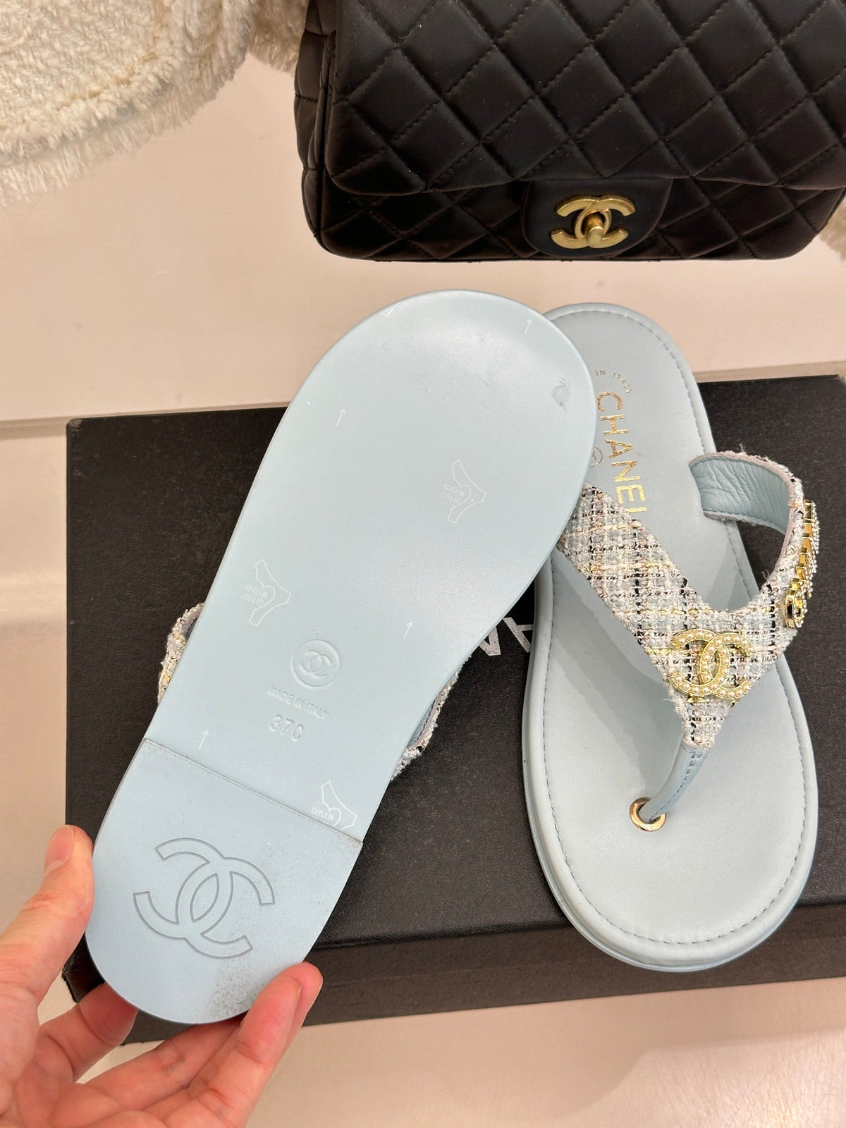 CC Crystal Logo Platform Thong Sandals Flat Blue Tweed 887777