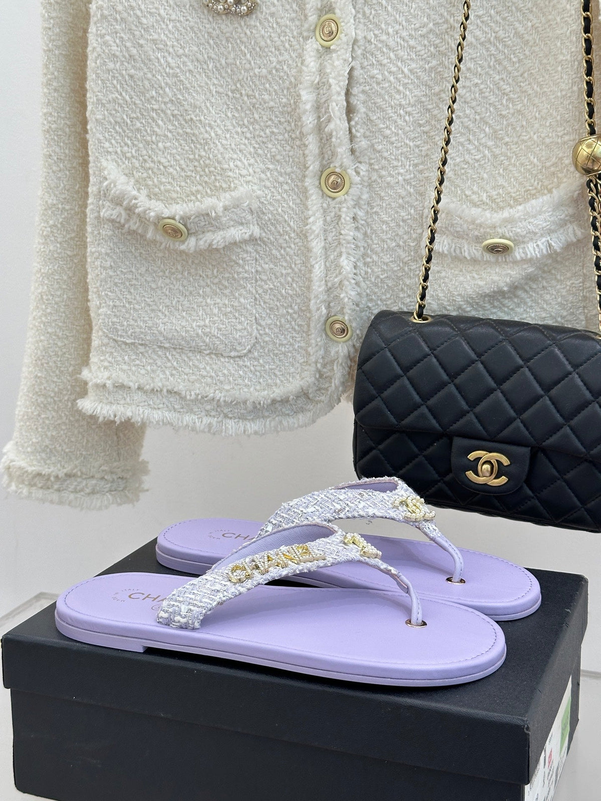CC Crystal Logo Platform Thong Sandals Flat Purple Tweed 887776