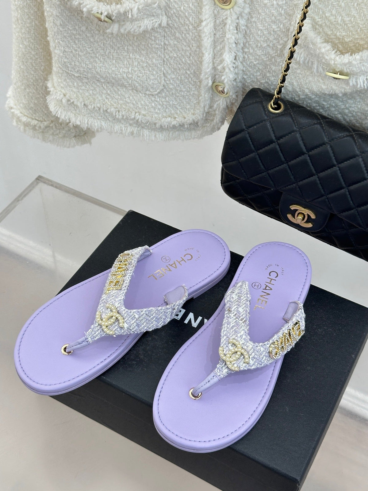 CC Crystal Logo Platform Thong Sandals Flat Purple Tweed 887776
