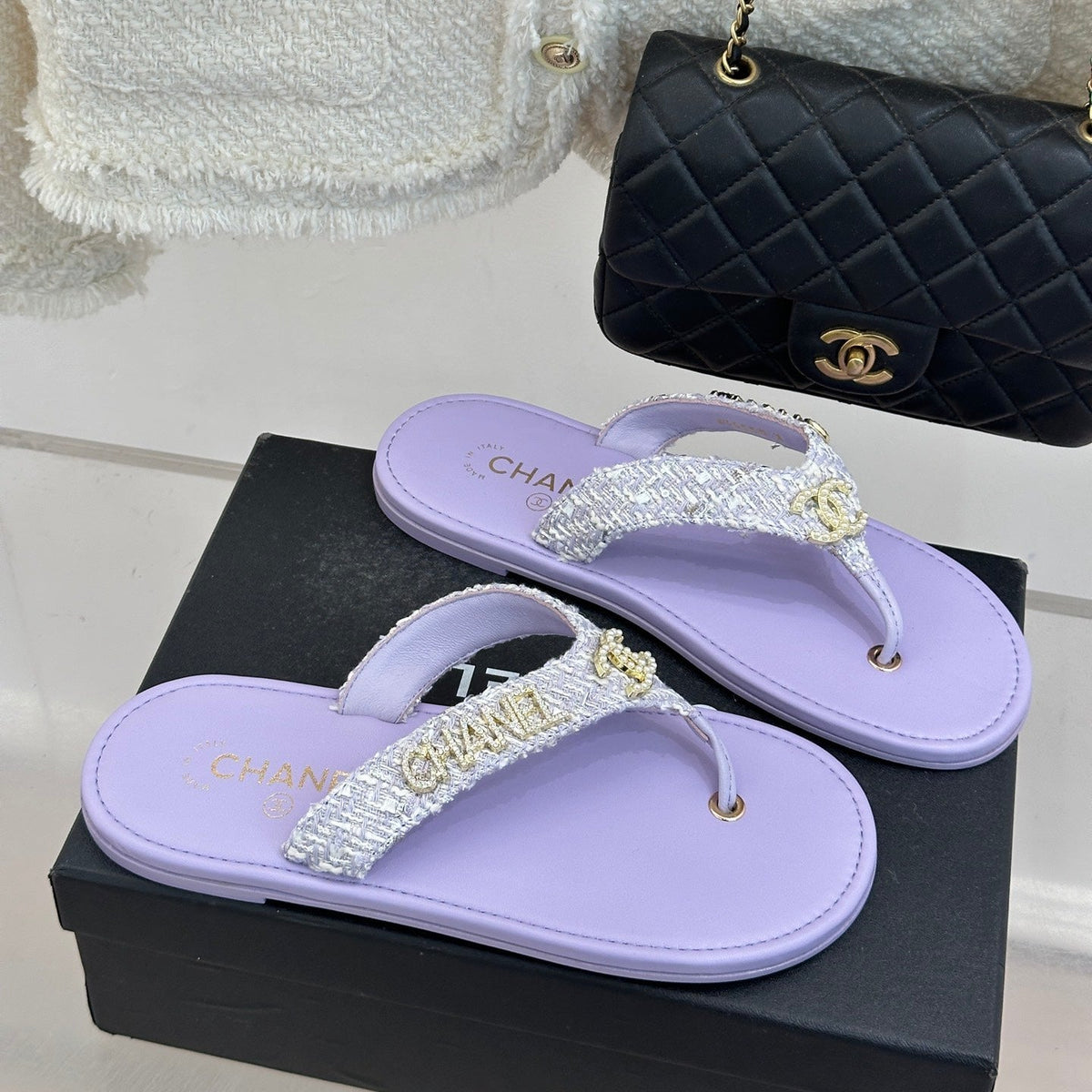 CC Crystal Logo Platform Thong Sandals Flat Purple Tweed 887776