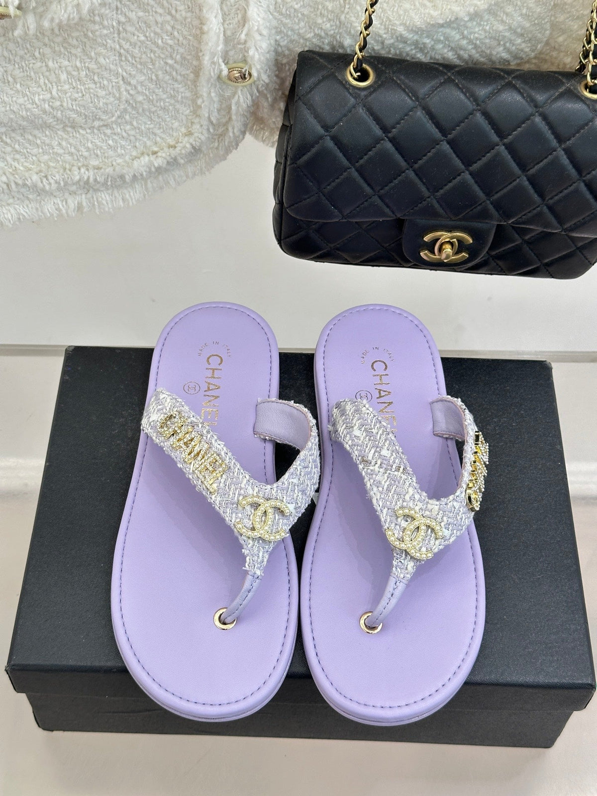 CC Crystal Logo Platform Thong Sandals Flat Purple Tweed 887776