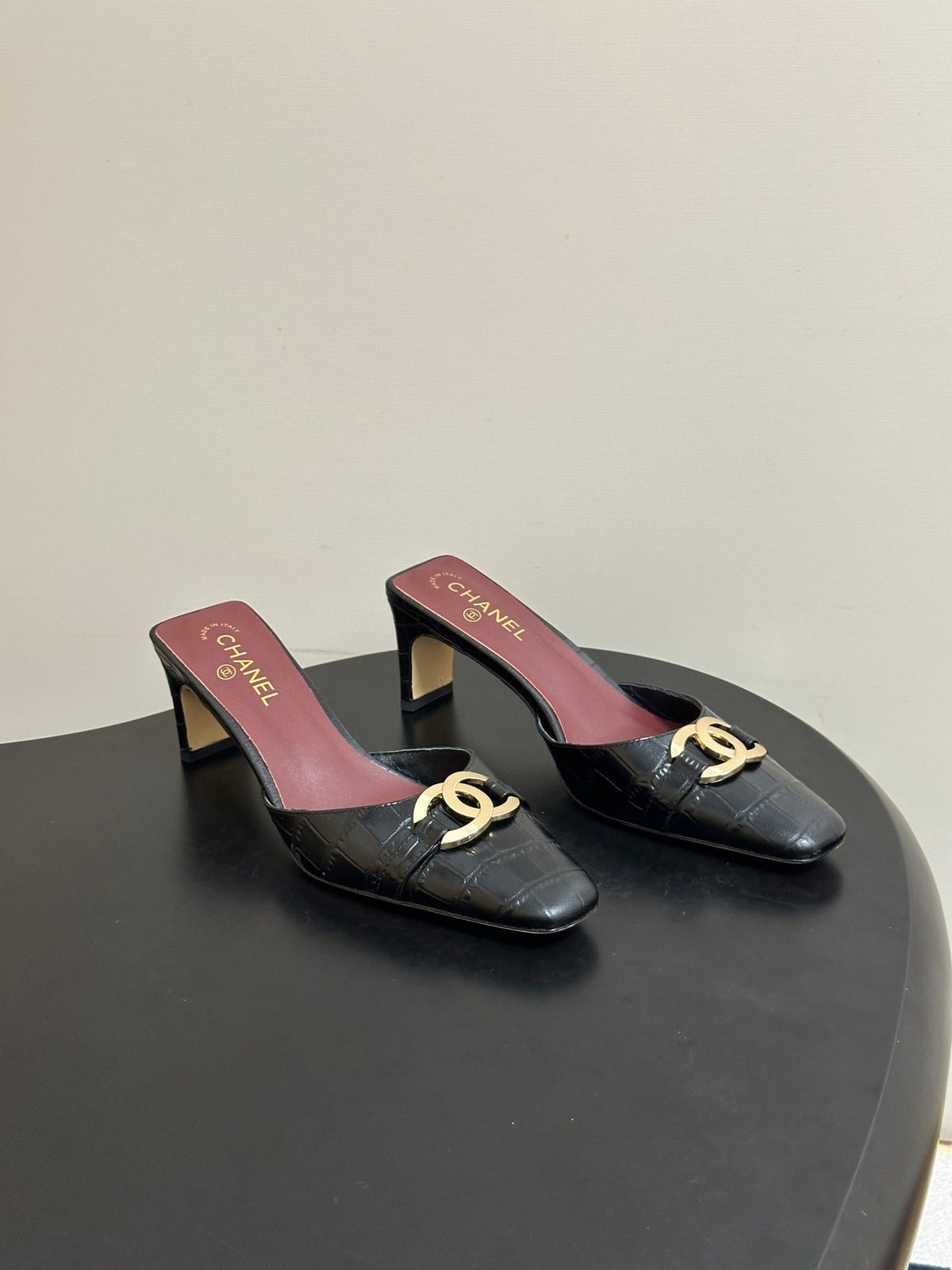 CC 26A Square Toe Mules 6cm Black Patent Embossed Leather 888047