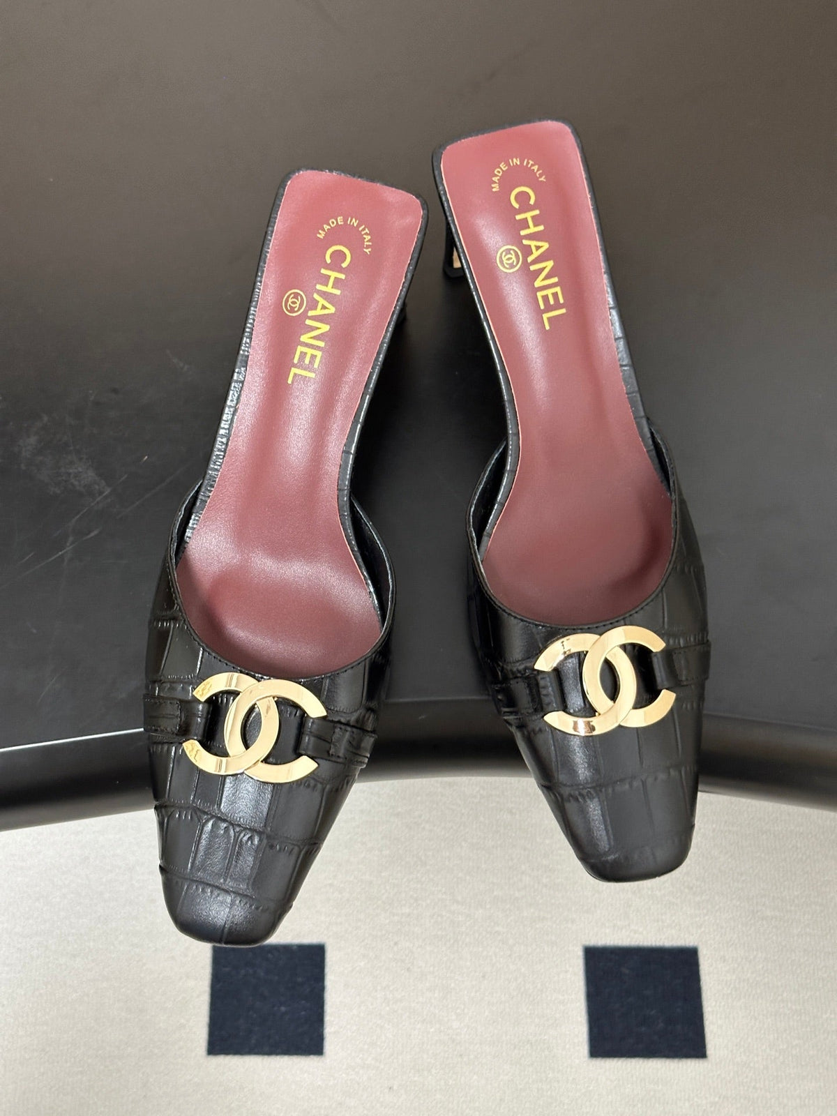 CC 26A Square Toe Mules 6cm Black Patent Embossed Leather 888047