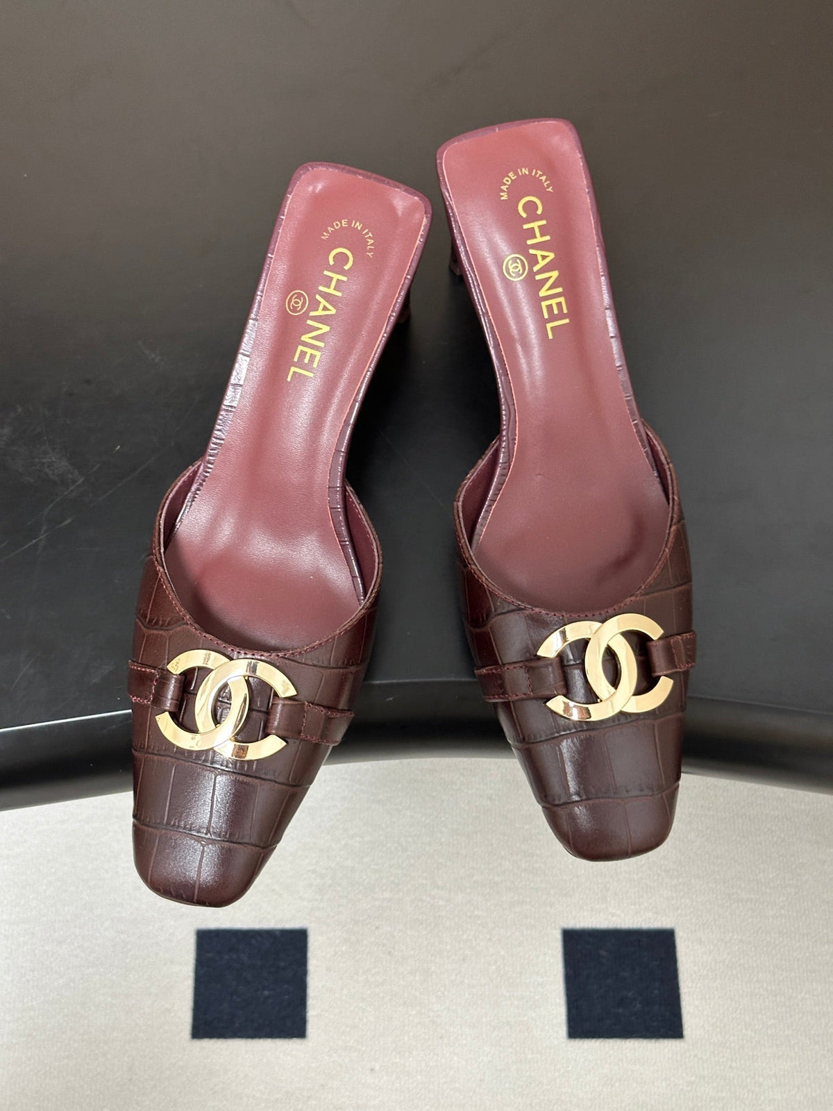 CC 26A Square Toe Mules 6cm Chocolate Patent Embossed Leather 888046