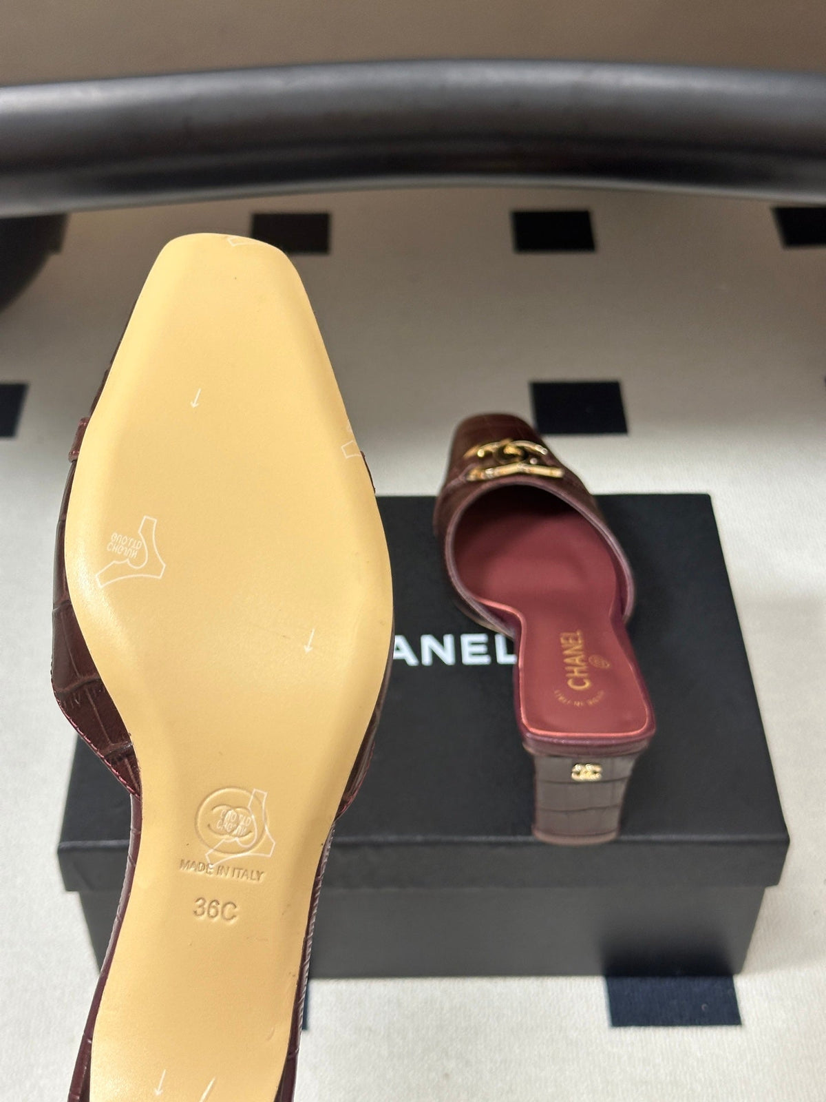 CC 26A Square Toe Mules 6cm Chocolate Patent Embossed Leather 888046