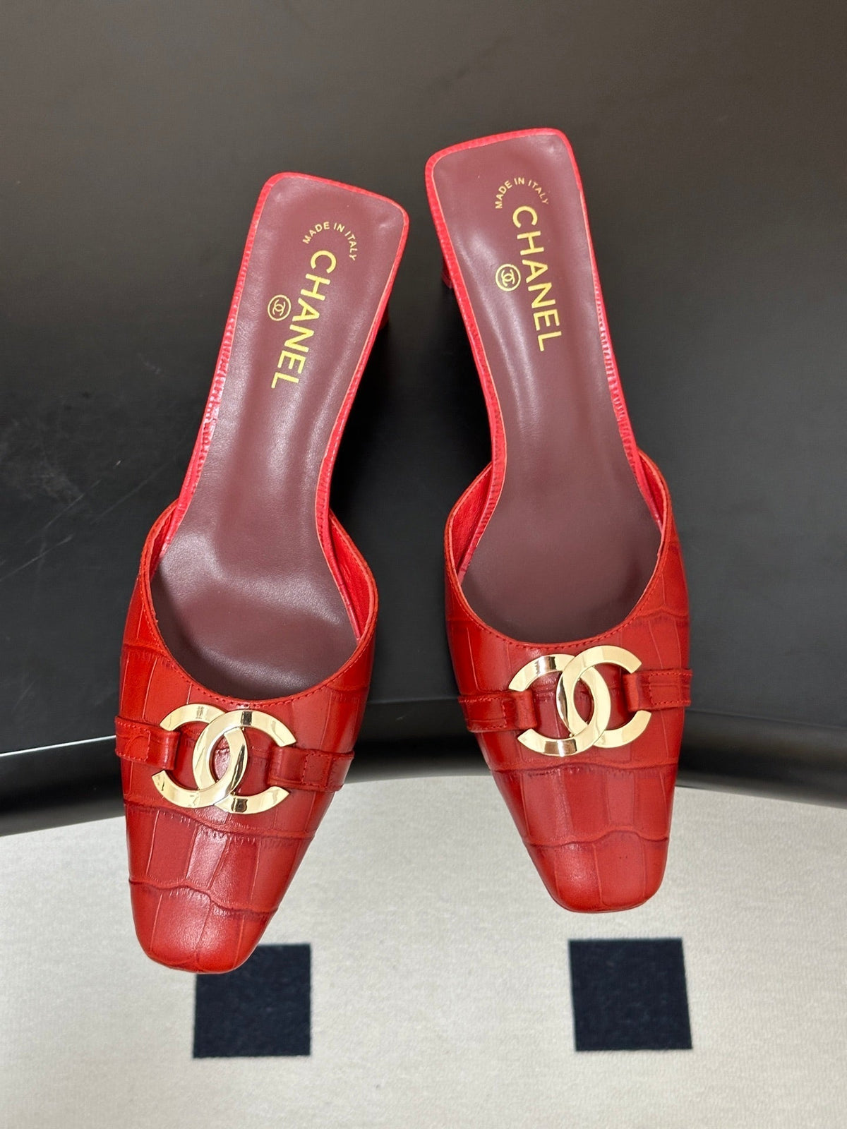 CC 26A Square Toe Mules 6cm Red Patent Embossed Leather 888045