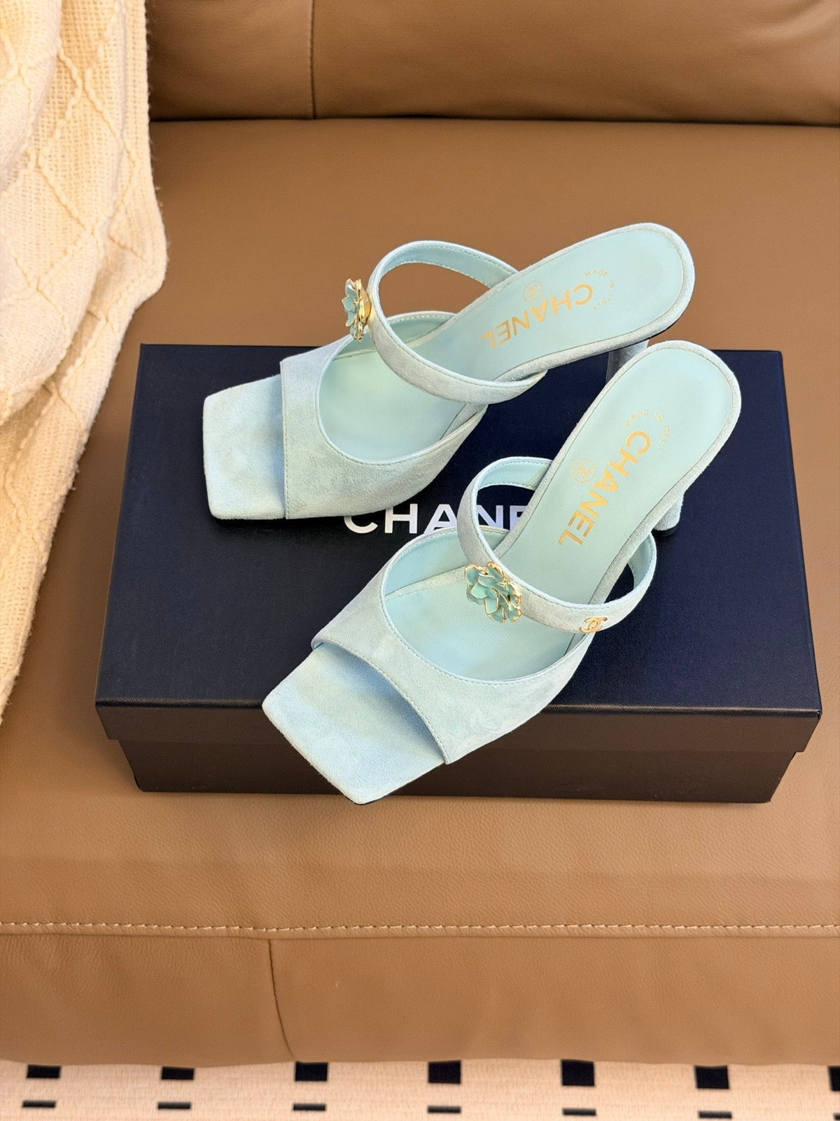 CC 26A Camellia Double C Square Toe Mules 10cm Mint Blue Suede 888705