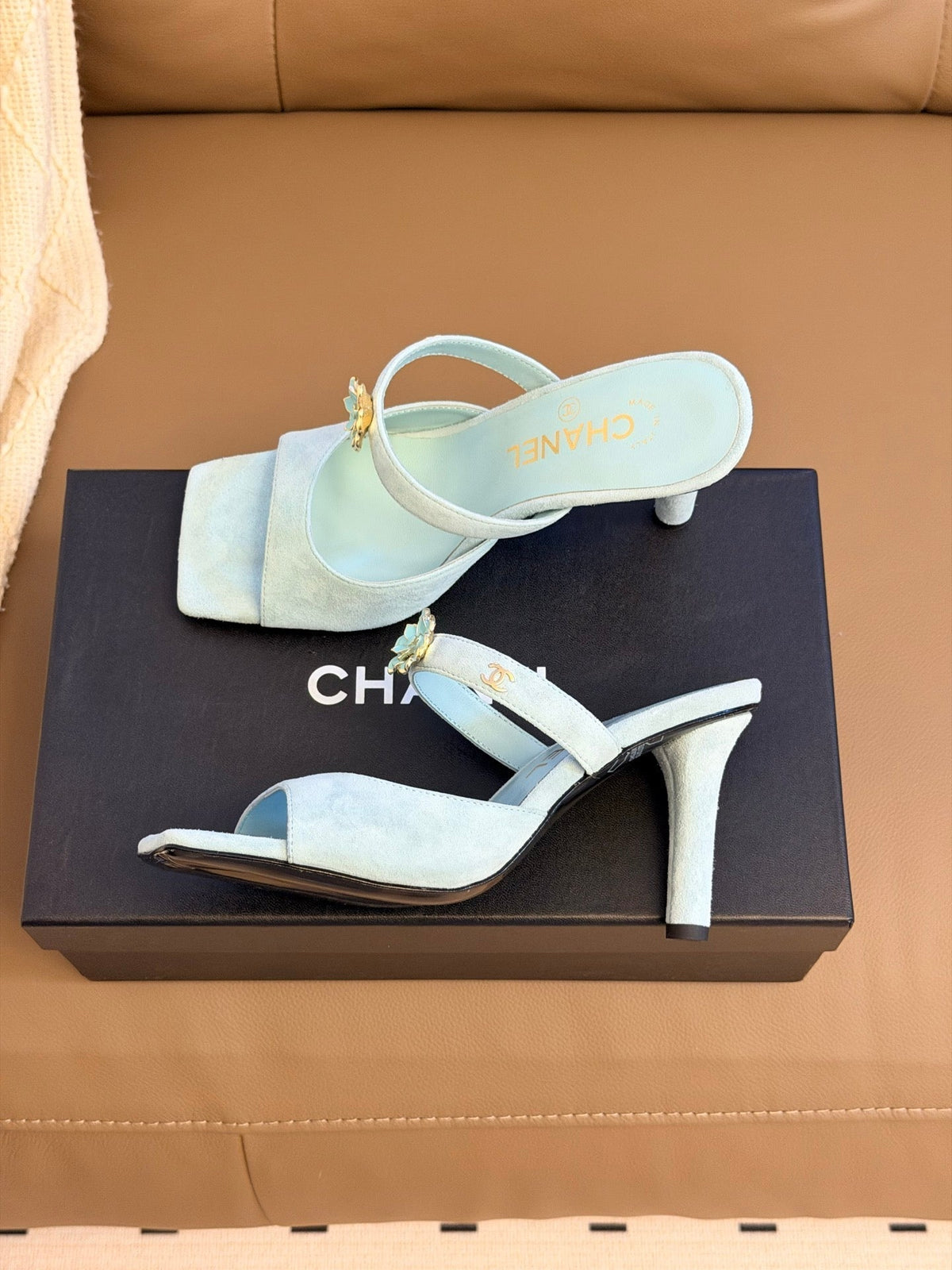 CC 26A Camellia Double C Square Toe Mules 10cm Mint Blue Suede 888705