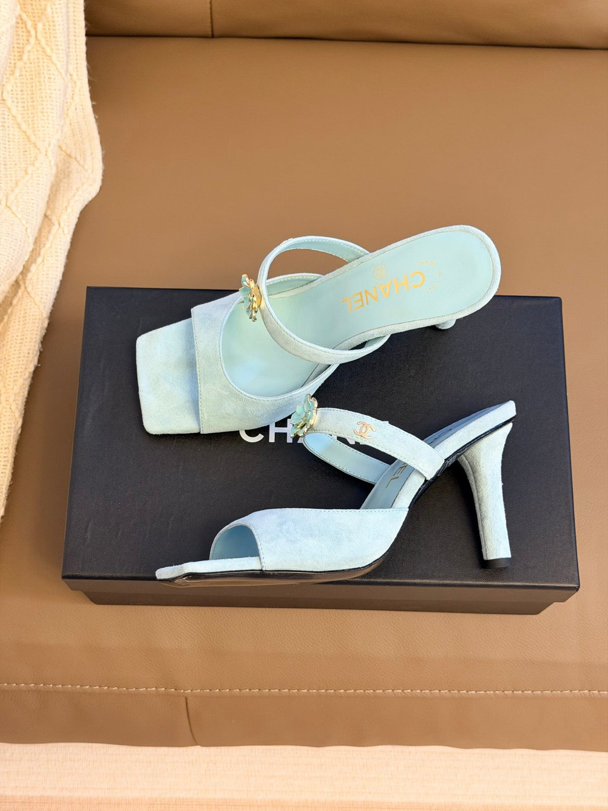 CC 26A Camellia Double C Square Toe Mules 10cm Mint Blue Suede 888705