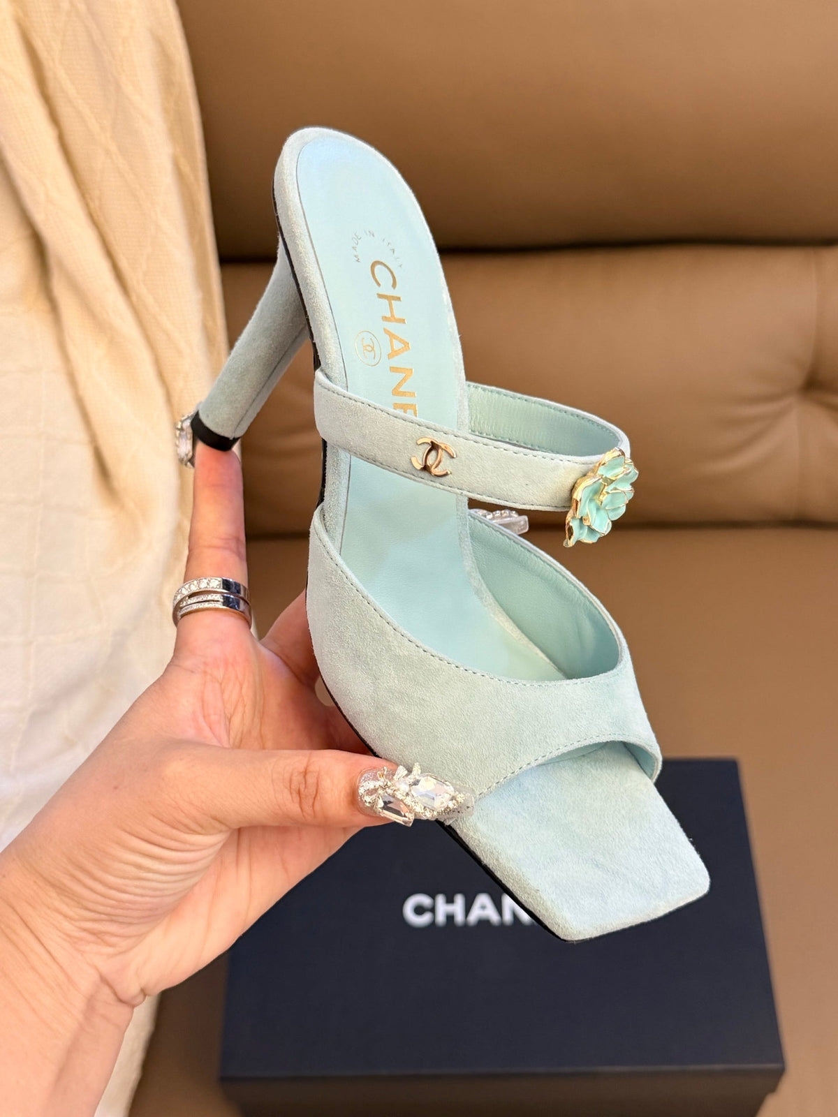 CC 26A Camellia Double C Square Toe Mules 10cm Mint Blue Suede 888705
