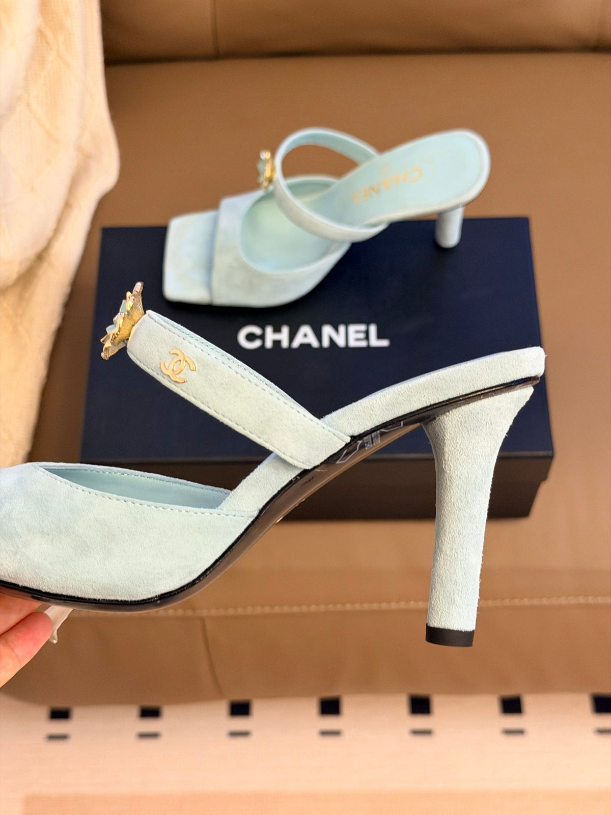 CC 26A Camellia Double C Square Toe Mules 10cm Mint Blue Suede 888705