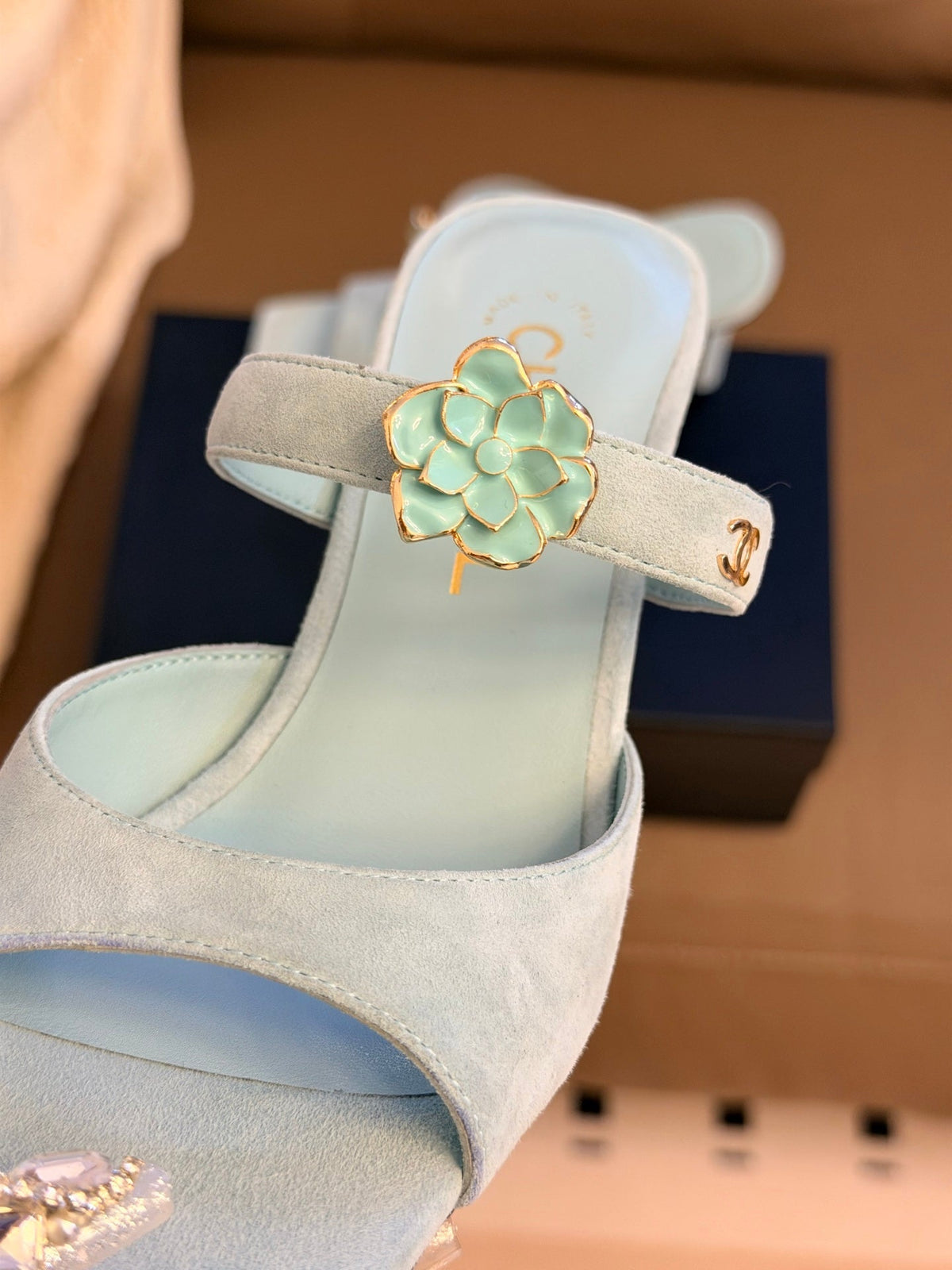CC 26A Camellia Double C Square Toe Mules 10cm Mint Blue Suede 888705