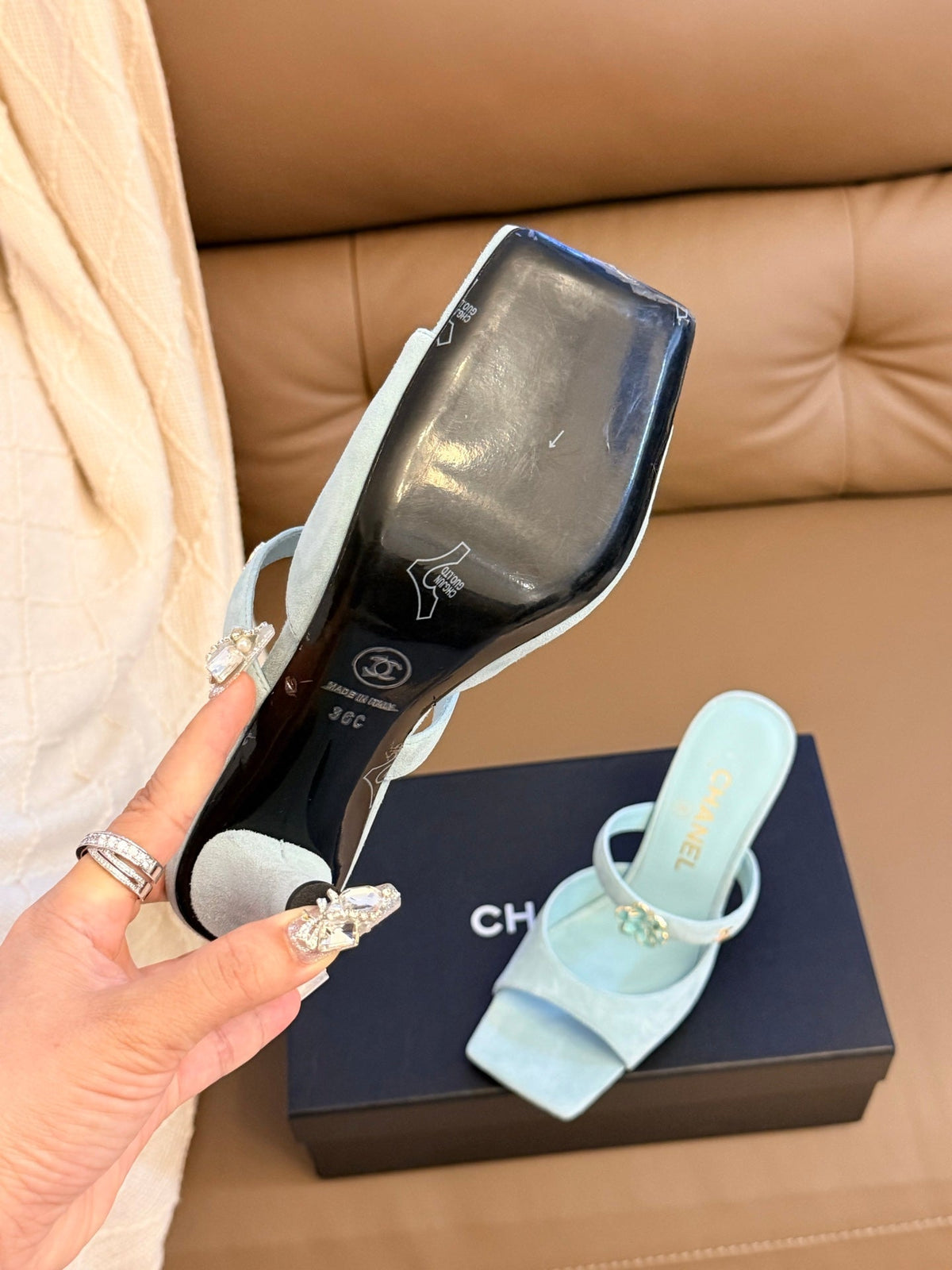 CC 26A Camellia Double C Square Toe Mules 10cm Mint Blue Suede 888705